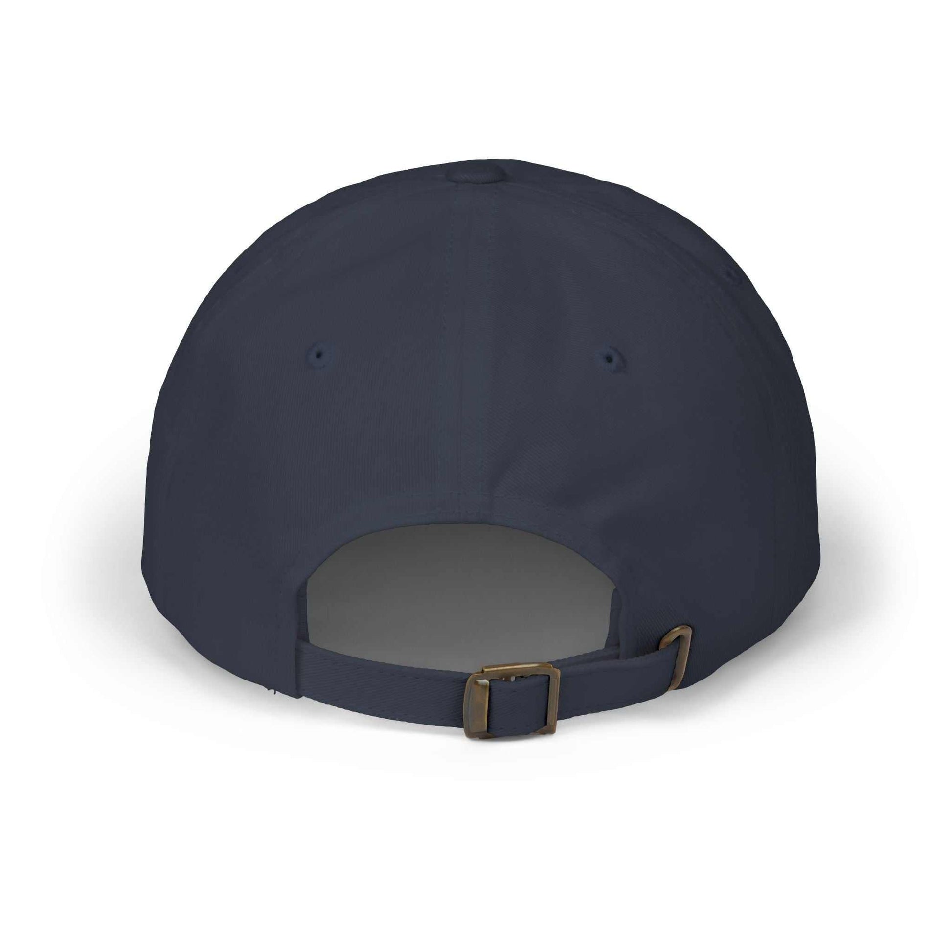 Back view of a navy Maple Leaf Dad Cap with adjustable strap closure.