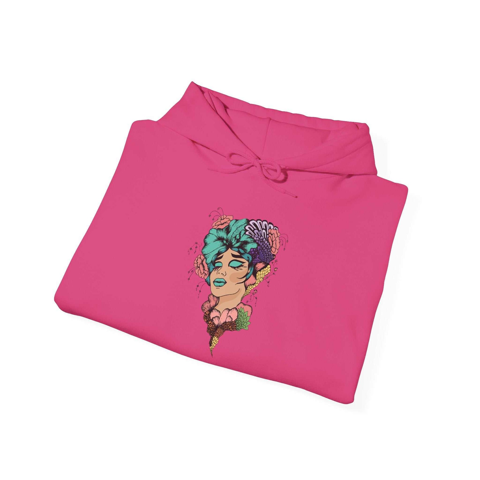 Boho Style - Hooded Sweatshirt in vibrant pink with unique artistic design, unisex heavy blend, cozy and stylish.