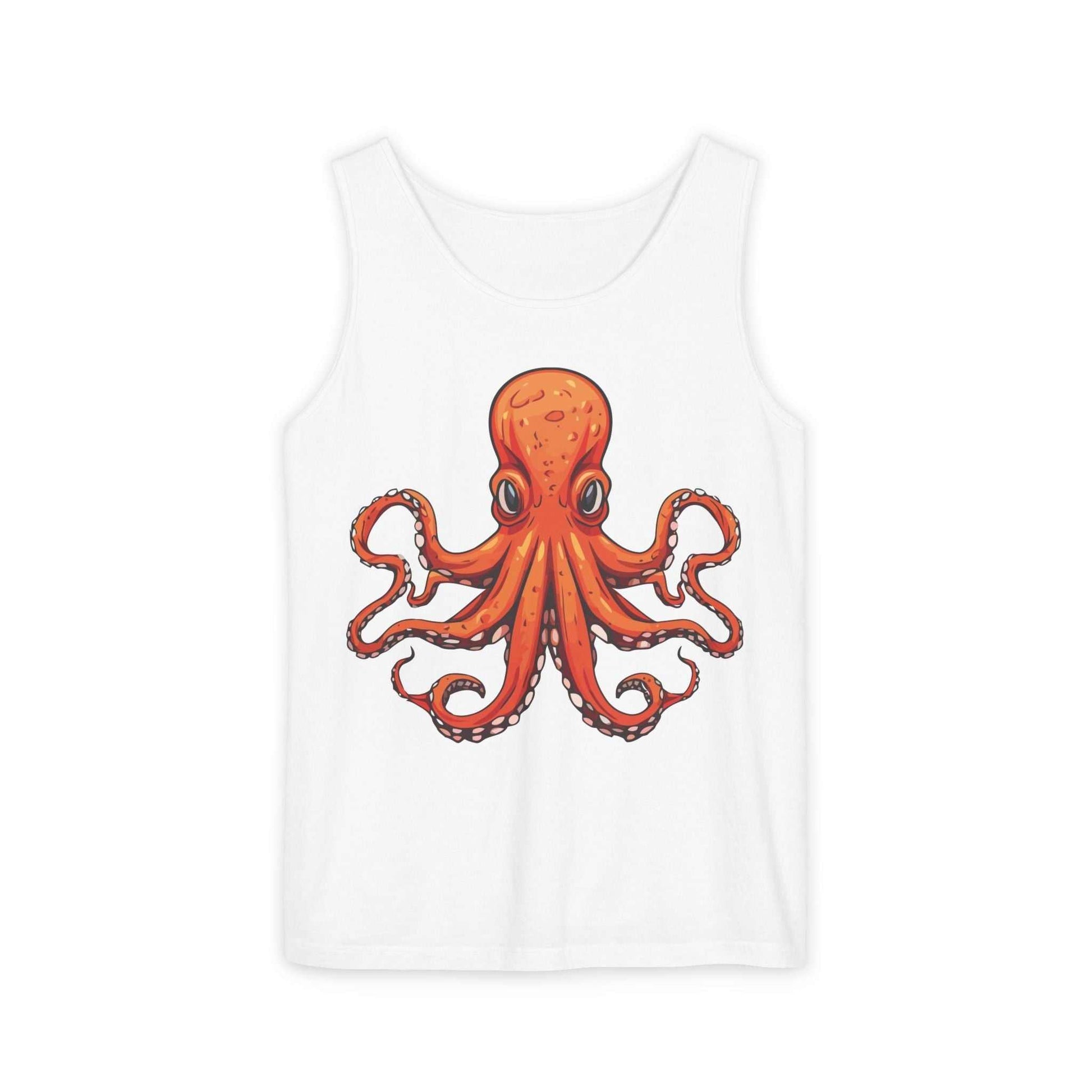 Unisex tank top with vibrant octopus design in orange, perfect for beach outings and casual wear.