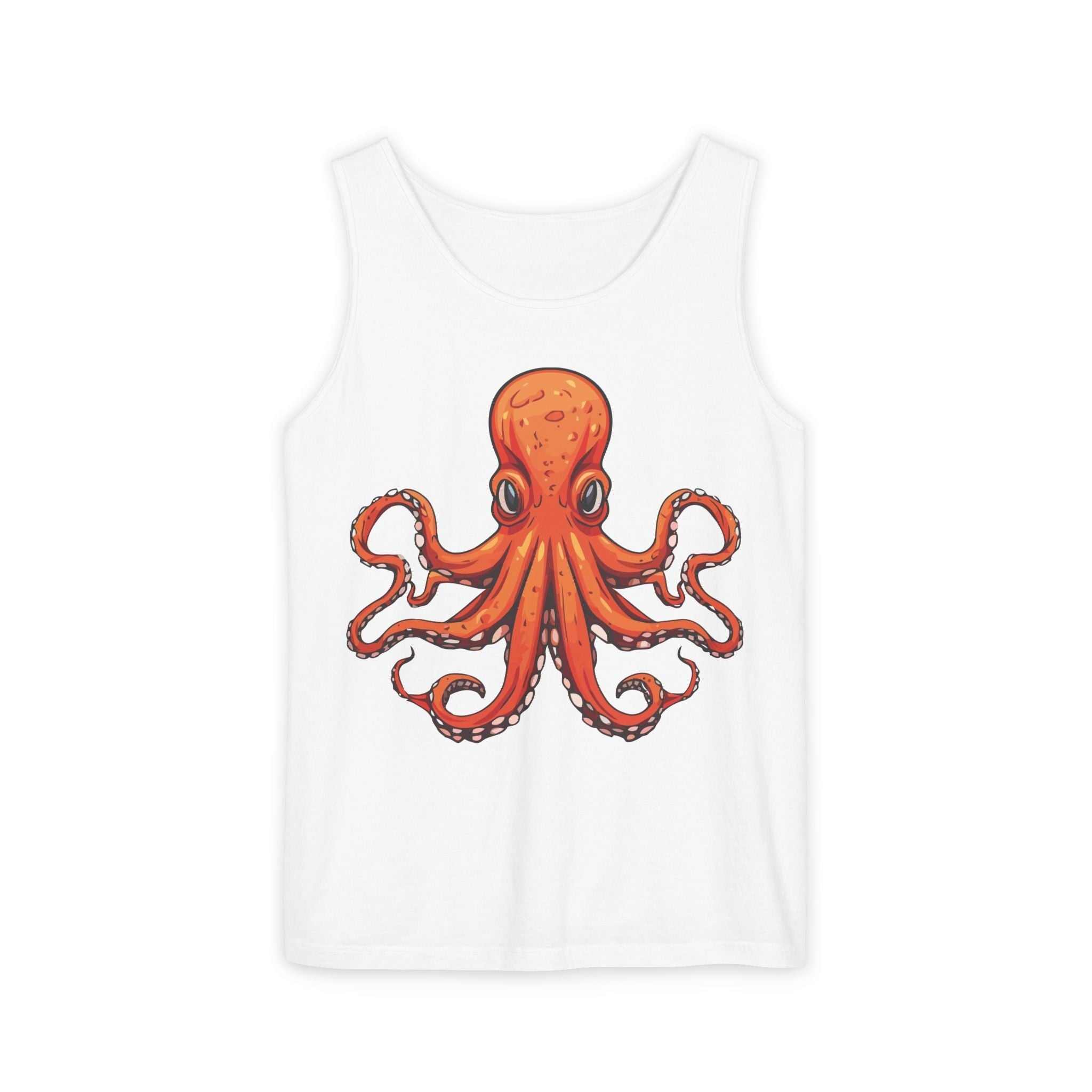 Unisex tank top with vibrant octopus design in orange, perfect for beach outings and casual wear.