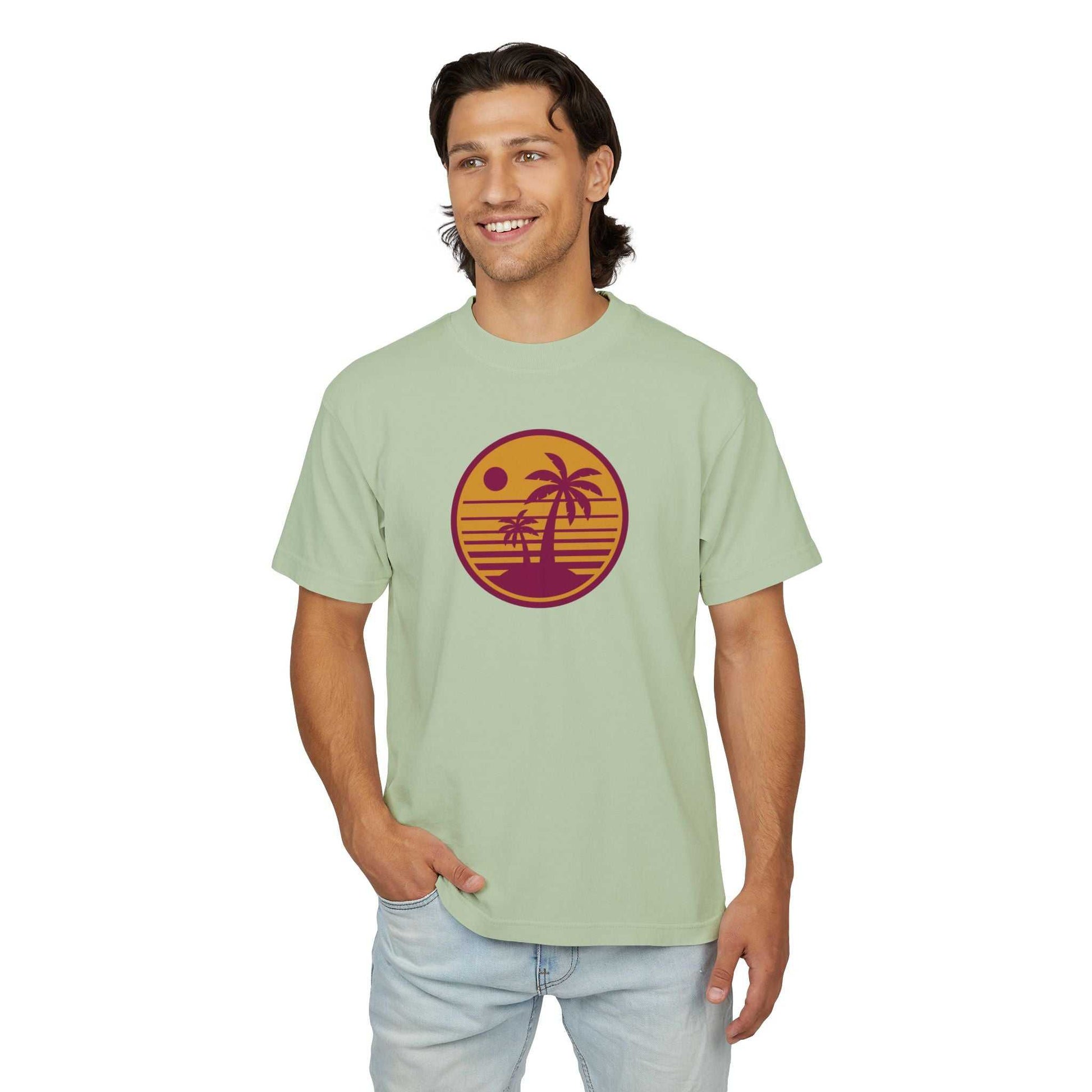 Urban Heavy Tee with retro sunset palm tree design, unisex, pigment-dyed print, 100% combed cotton, durable heavyweight jersey.
