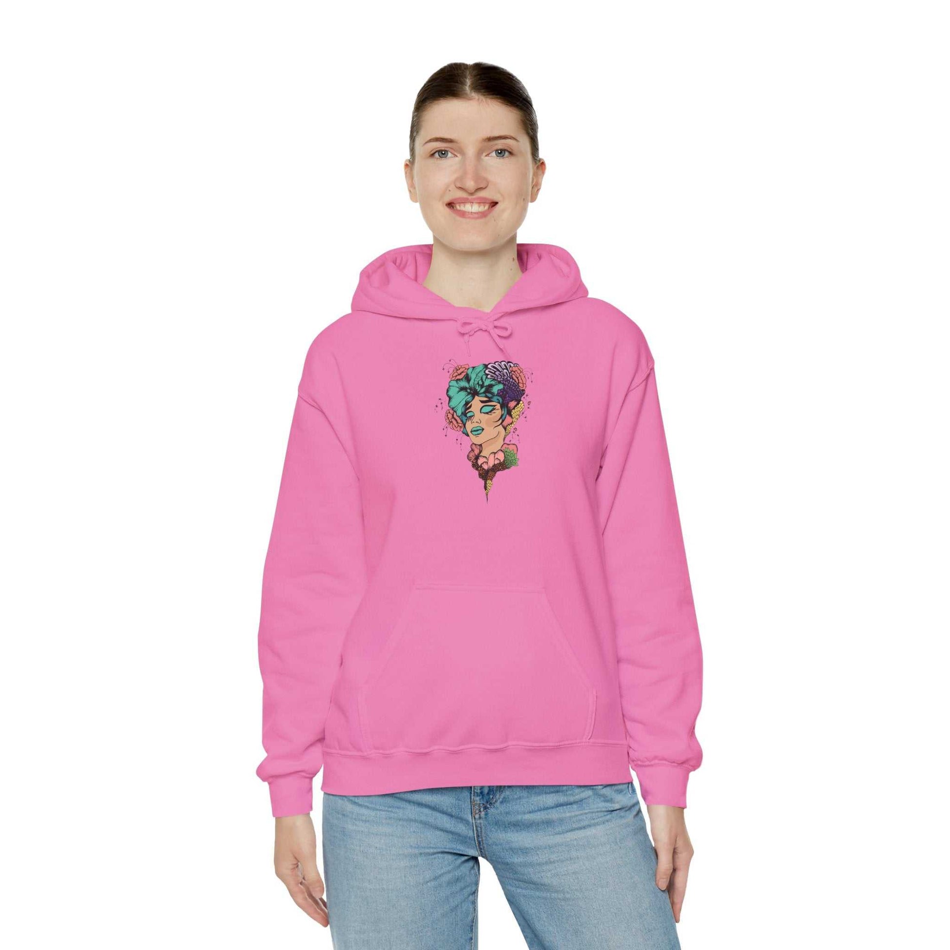 Boho style hooded sweatshirt in pink with front design.