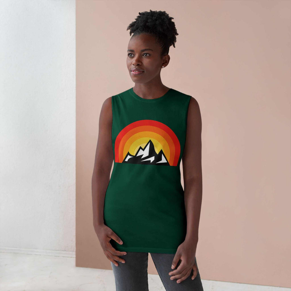 Unisex tank top with retro mountain sunset design, perfect for summer adventures and casual wear.