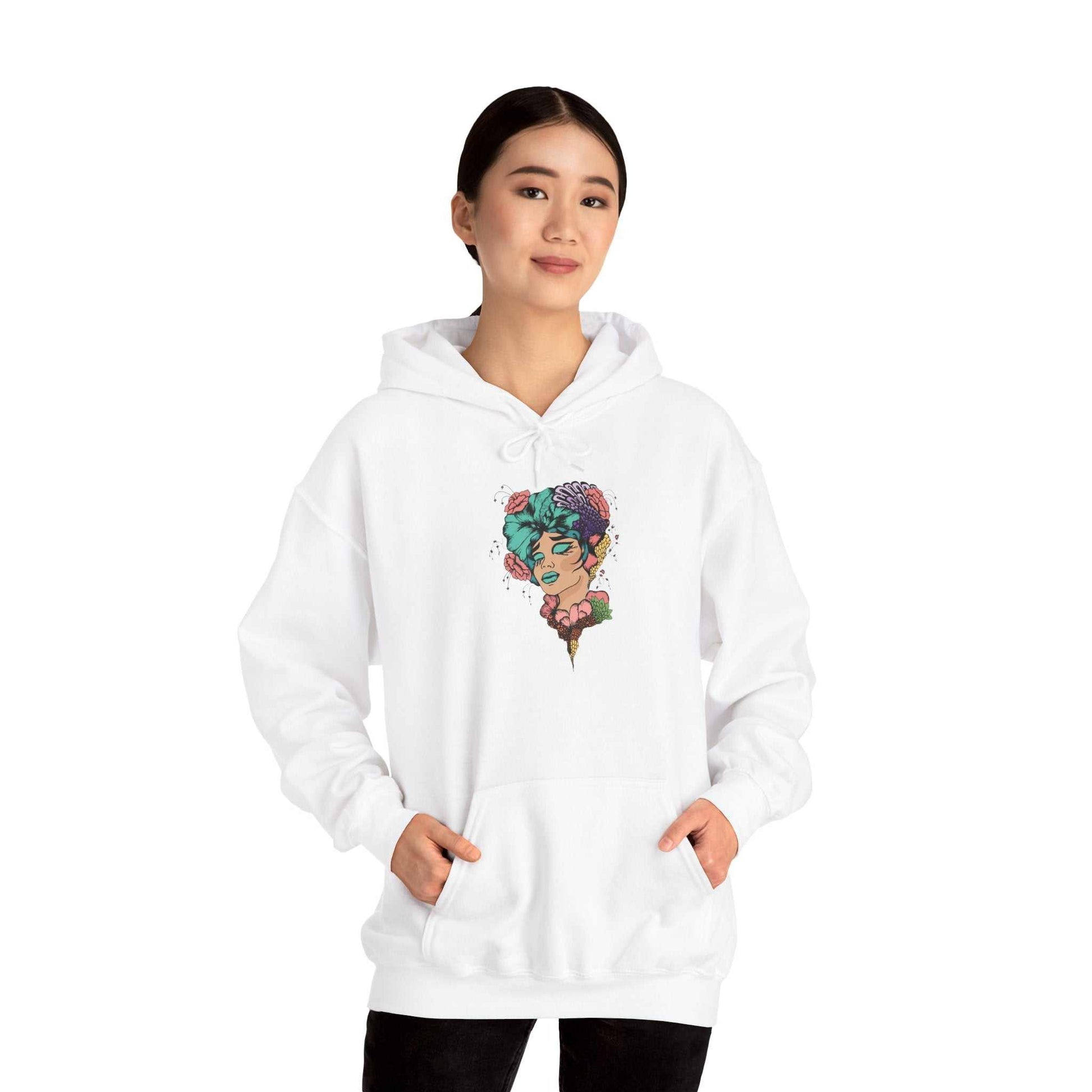 Boho Style Hooded Sweatshirt with unique design, cozy unisex fit, featuring kangaroo pouch pocket.