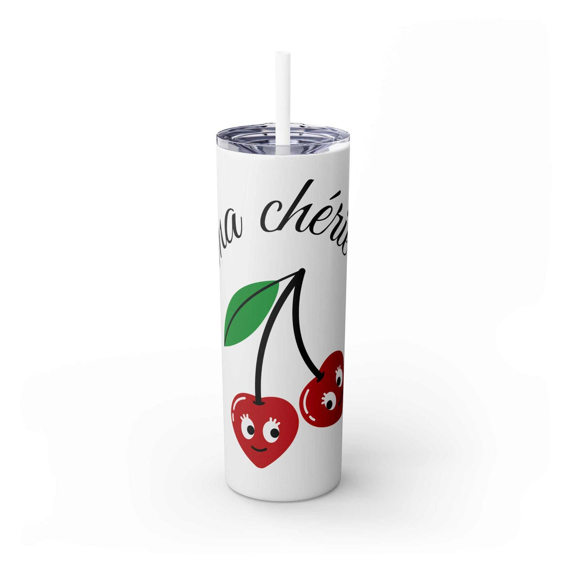 Cute cherry skinny tumbler with straw, 20oz, playful design, perfect for gifts and everyday use.
