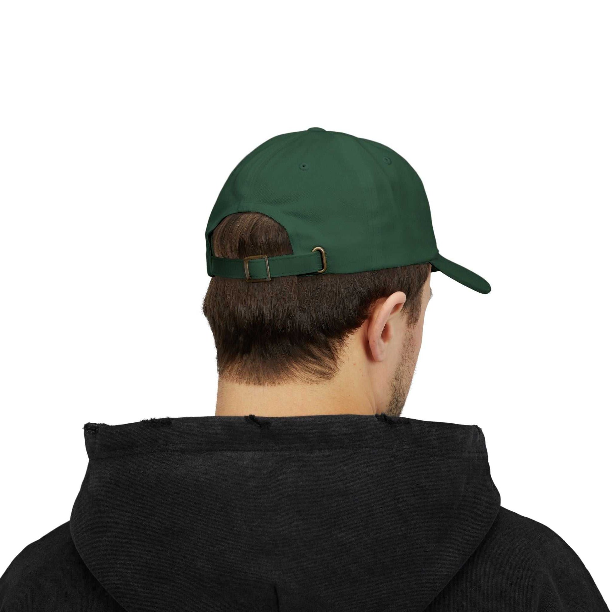 Green Maple Leaf Dad Cap with adjustable strap and pre-curved visor, viewed from the back.