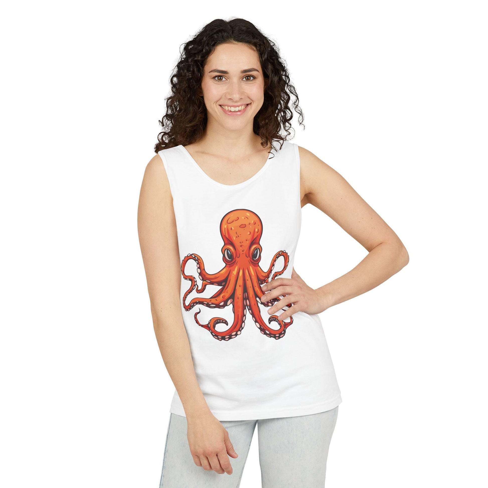 Unisex tank top with octopus design, 100% ring spun cotton, relaxed fit, perfect for summer.
