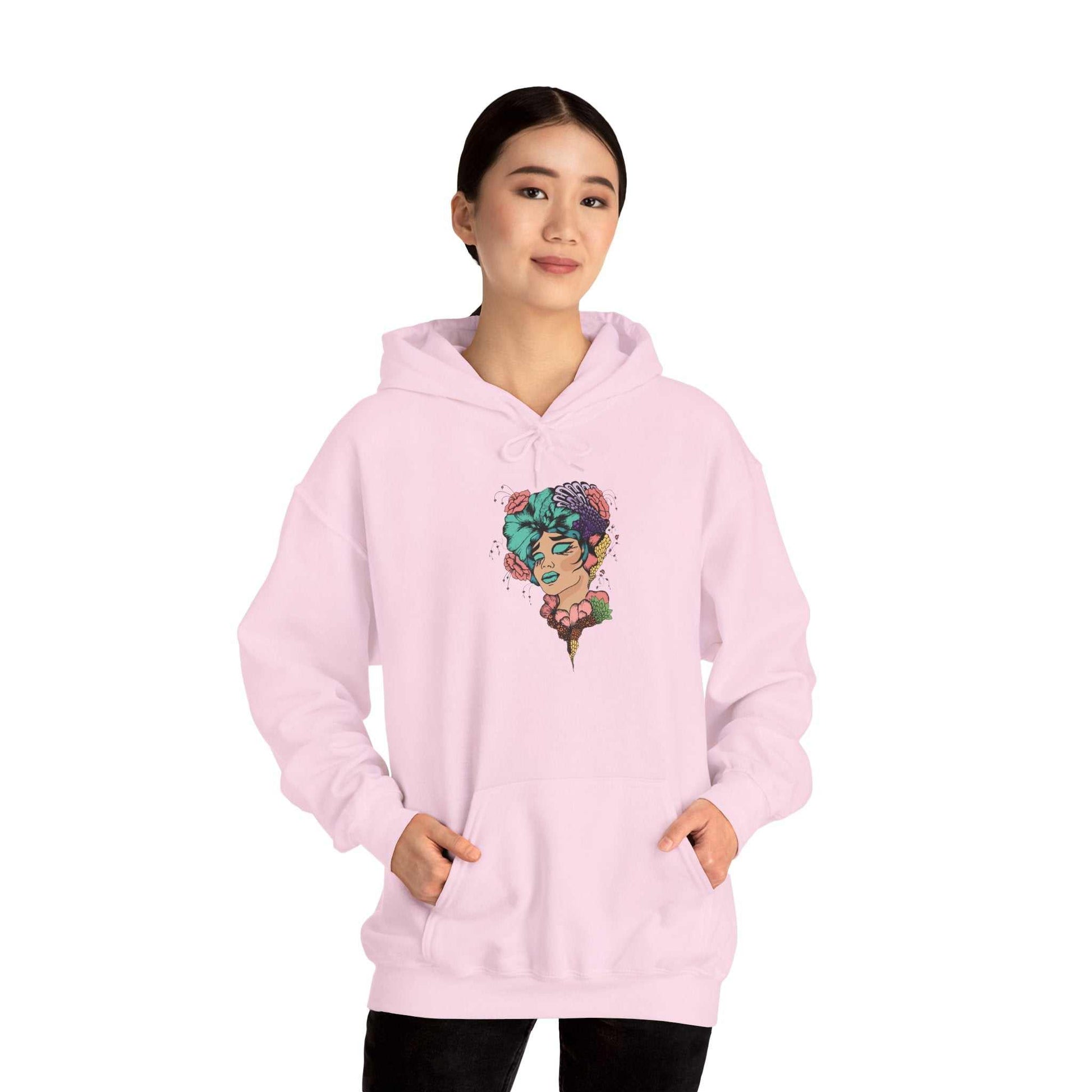 Boho style hooded sweatshirt with unique design, unisex, cotton-polyester blend, pink color.