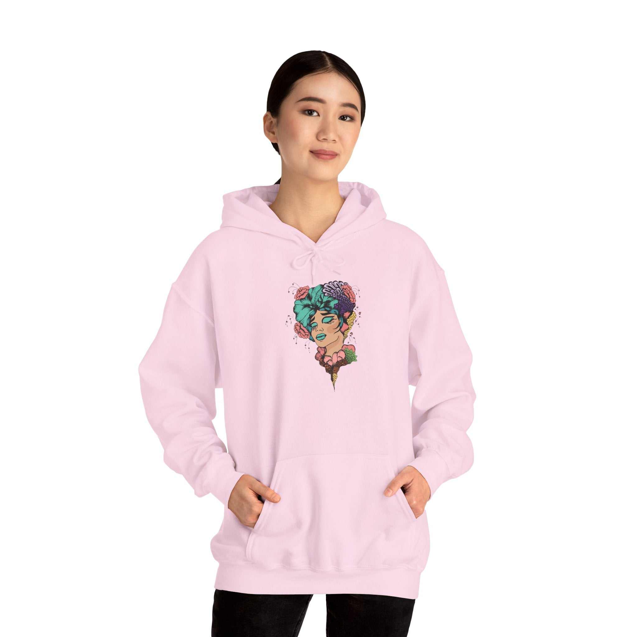 Boho style hooded sweatshirt with unique design, unisex, cotton-polyester blend, pink color.