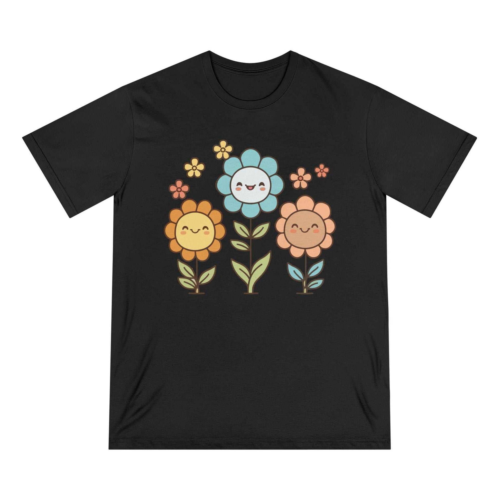 Cute Floral Smiley Organic T-Shirt with eco-friendly design, black cotton.