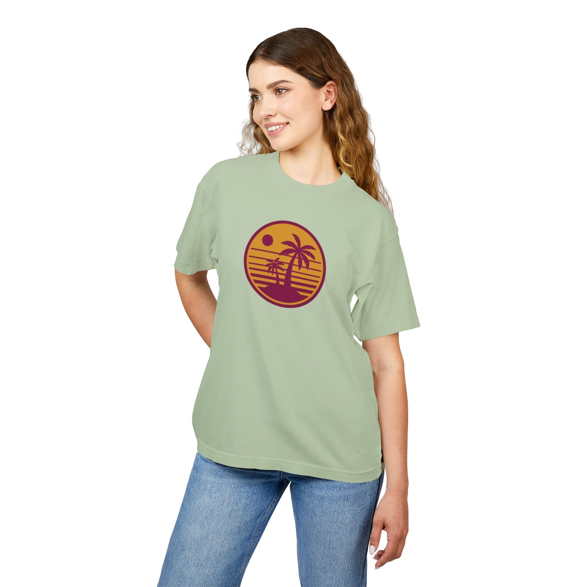 Unisex Urban Heavy Tee with retro sunset palm tree design, stylish and vibrant.