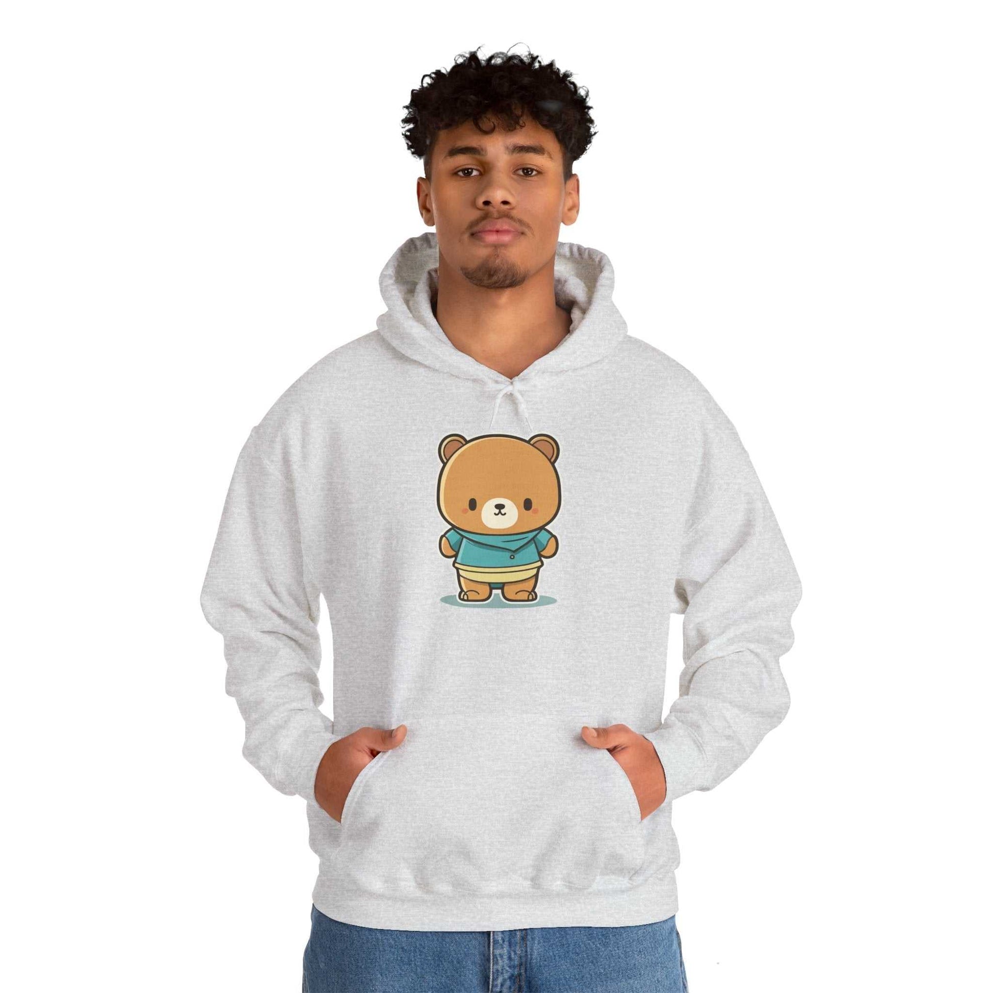 Heavy hooded teddy sweatshirt with kangaroo pocket, warm cotton-poly blend, perfect for cold weather.