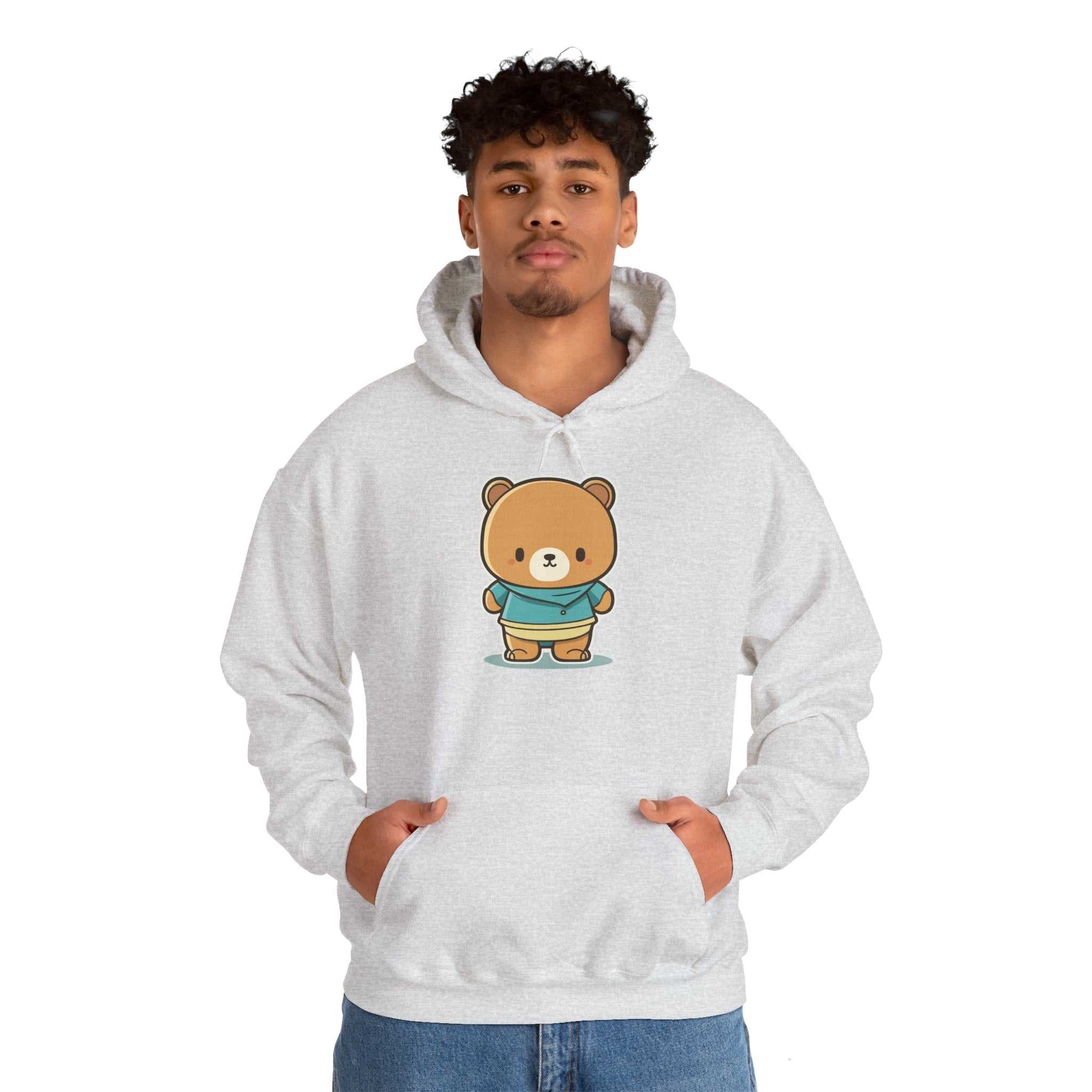 Heavy hooded teddy sweatshirt with kangaroo pocket, warm cotton-poly blend, perfect for cold weather.
