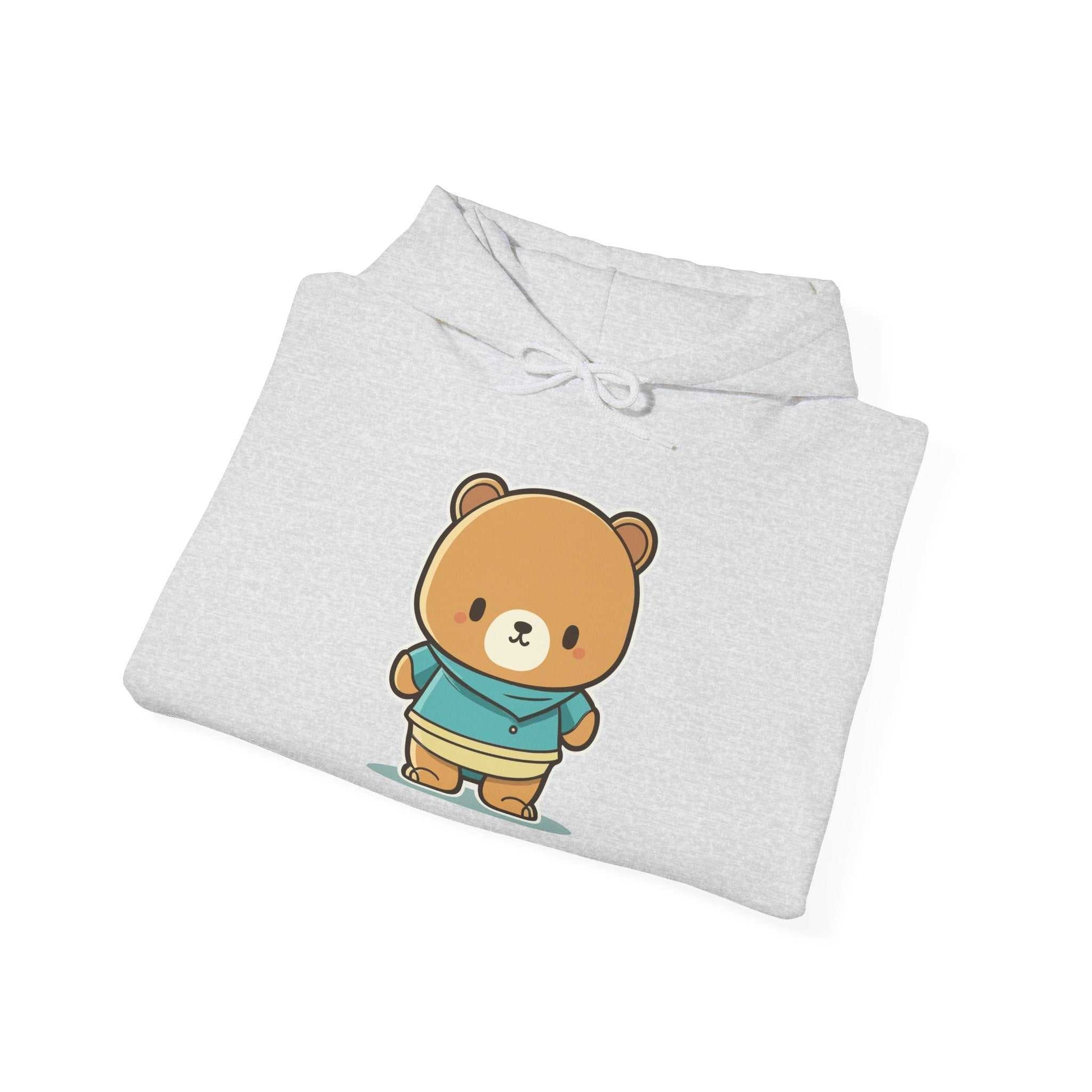 Heavy hooded teddy sweatshirt with cute bear design, folded, cozy cotton-polyester blend.