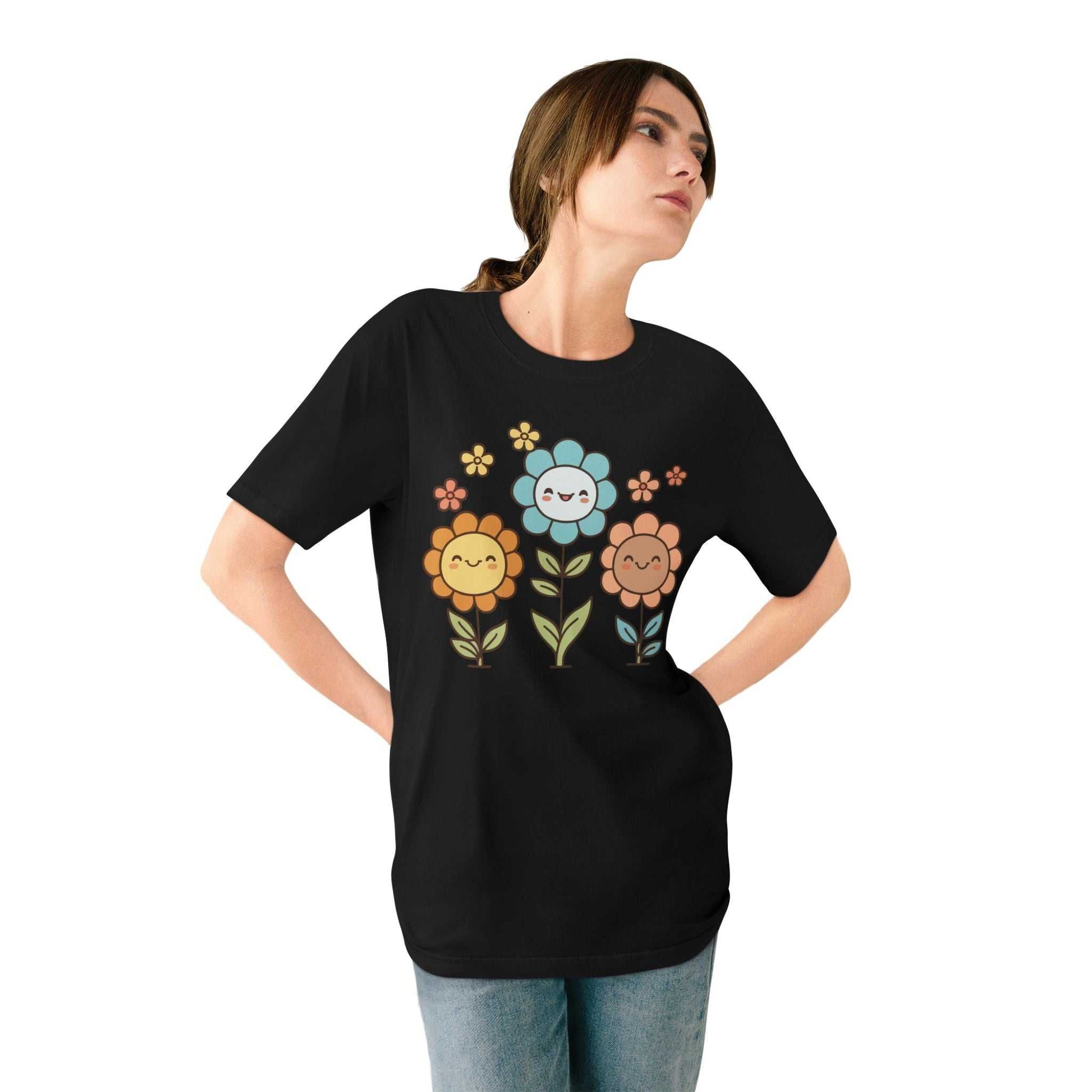 Eco-friendly organic T-shirt with floral smiley design made from 100% organic cotton.