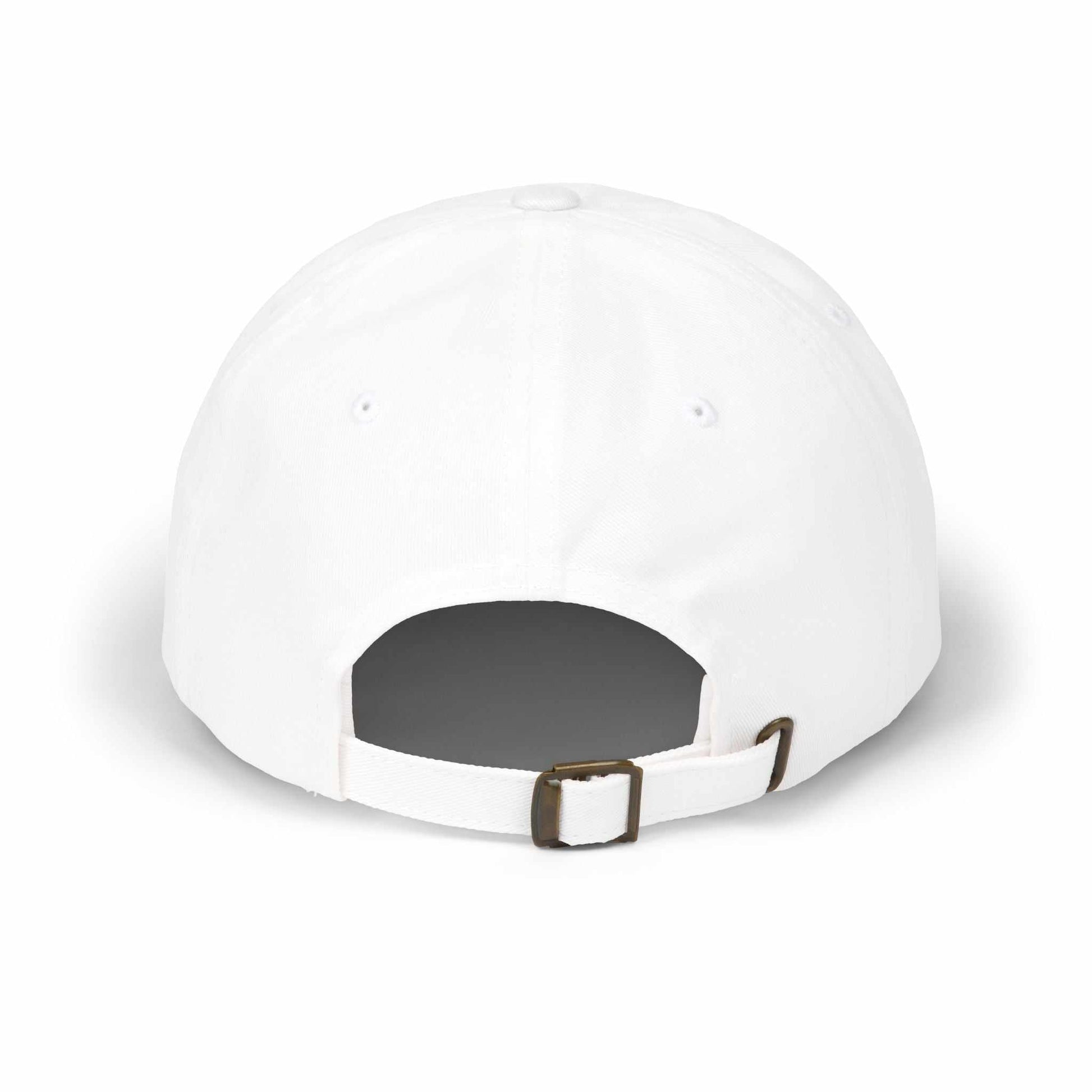 White Maple Leaf Dad Cap with adjustable strap and metal buckle.