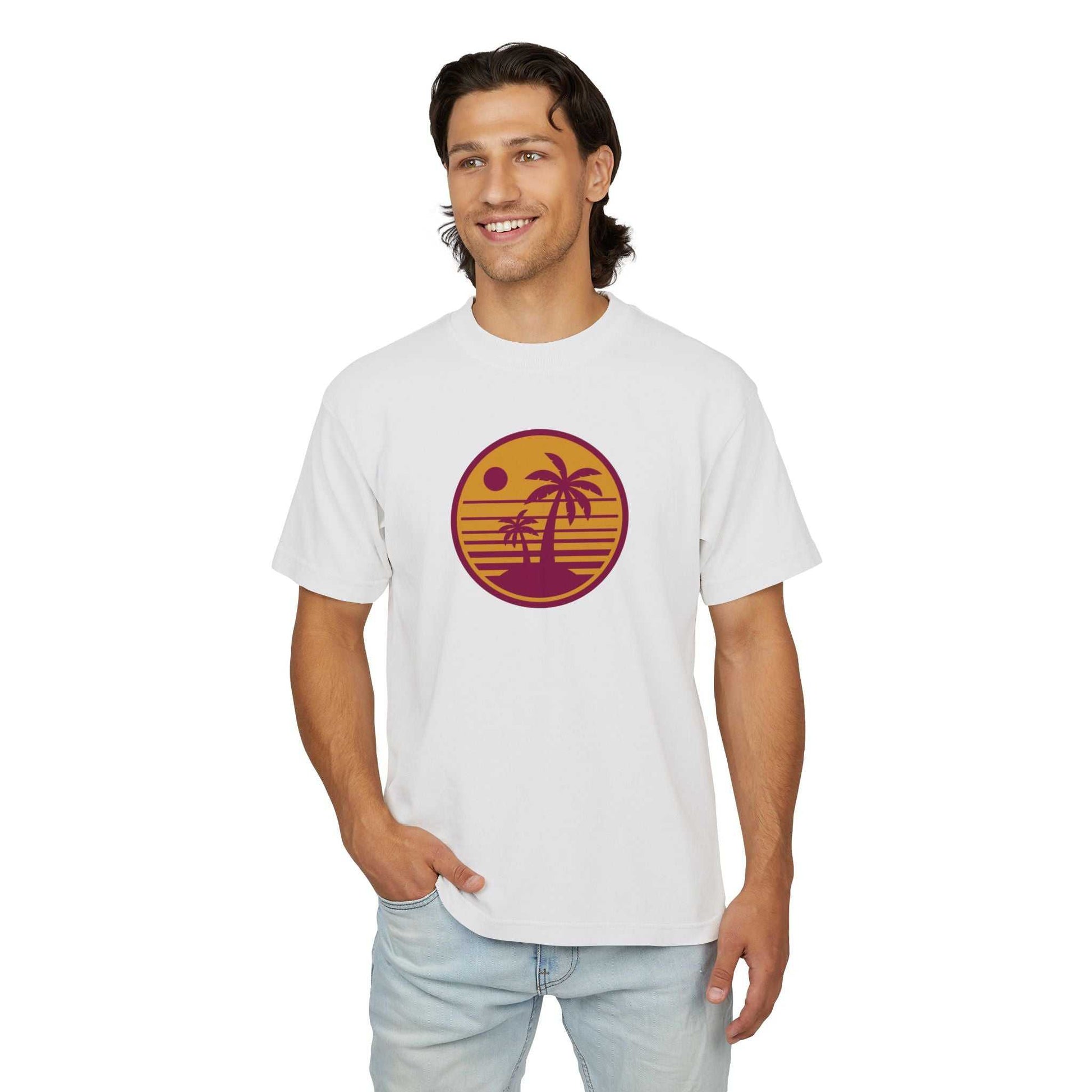 Unisex Urban Heavy Tee with retro sunset palm tree design, made from soft, heavyweight 100% combed cotton.