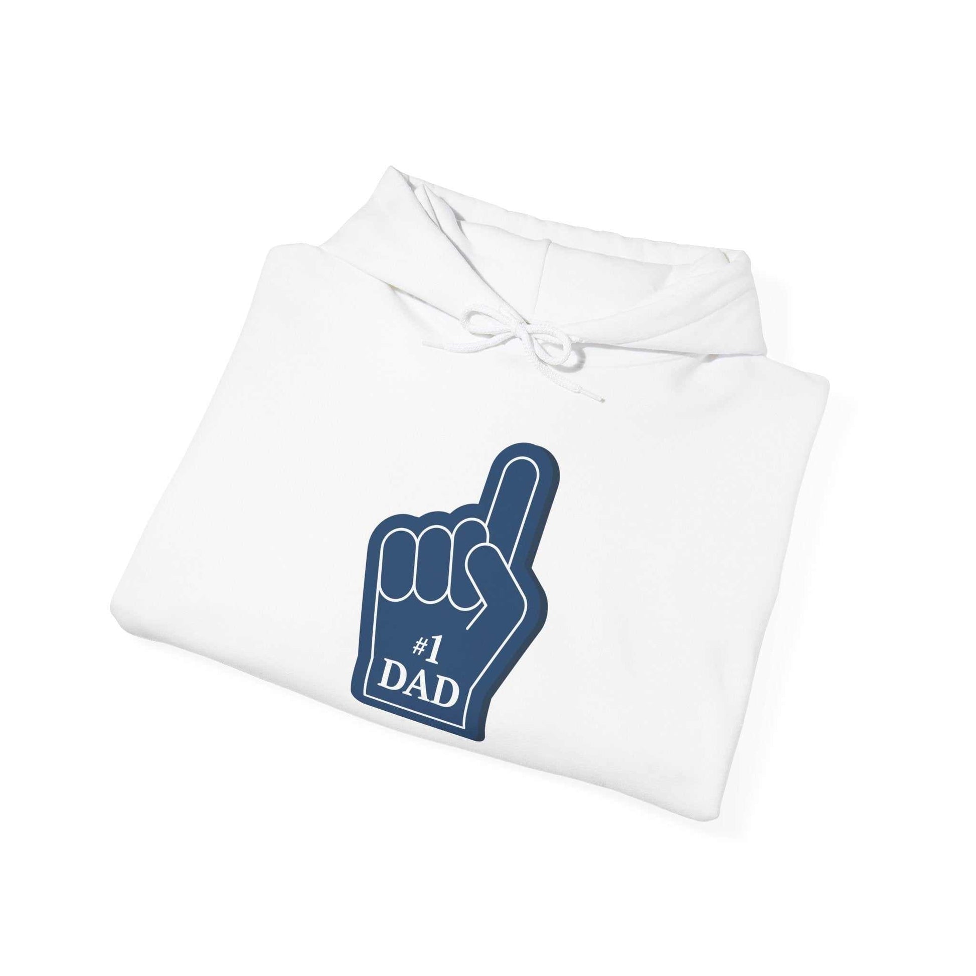 White "#1 DAD" Super Dad Hoodie with blue graphic, cozy and perfect for Father's Day.
