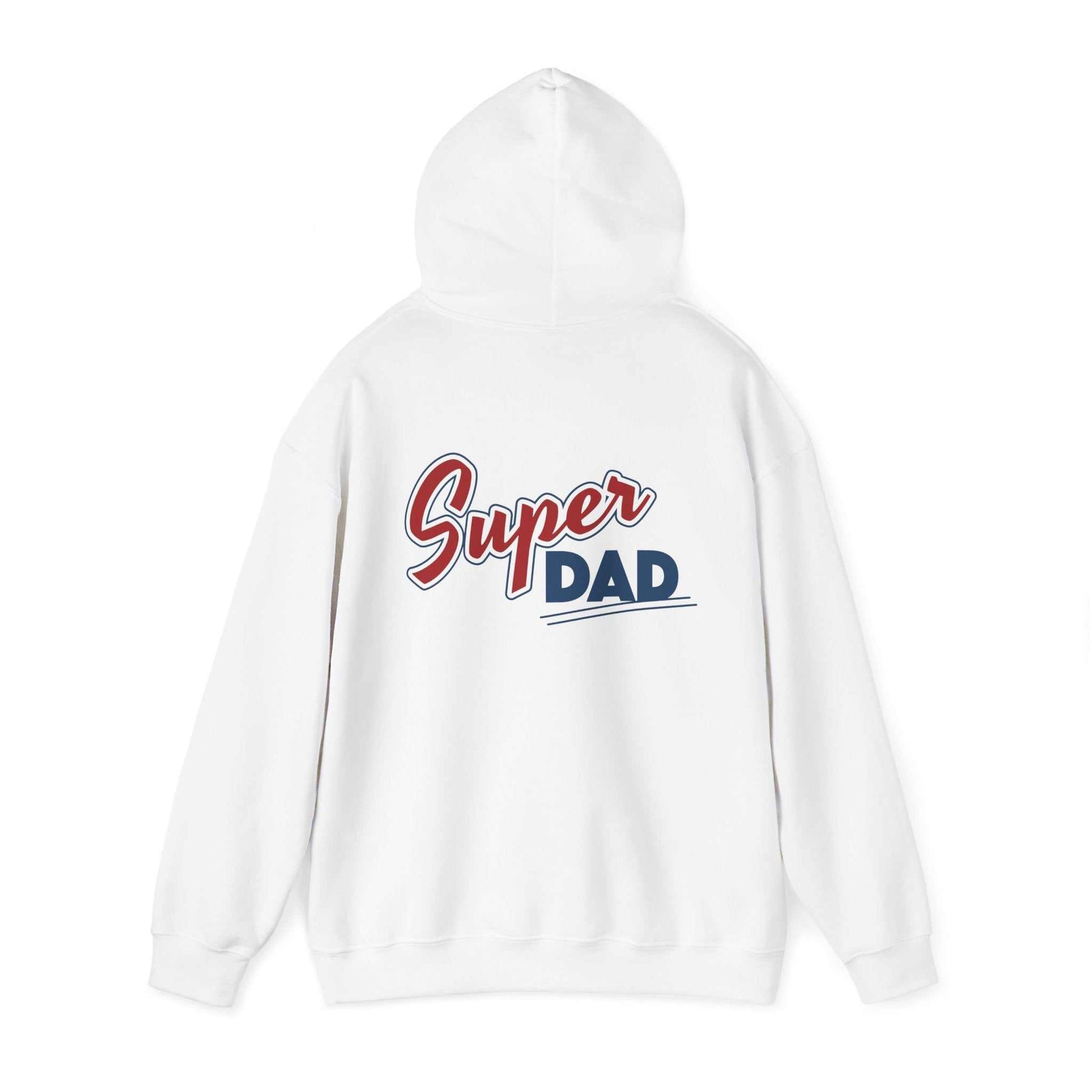 White "#1 Super Dad" hoodie featuring playful "Super DAD" graphics, perfect for Father's Day gifts.