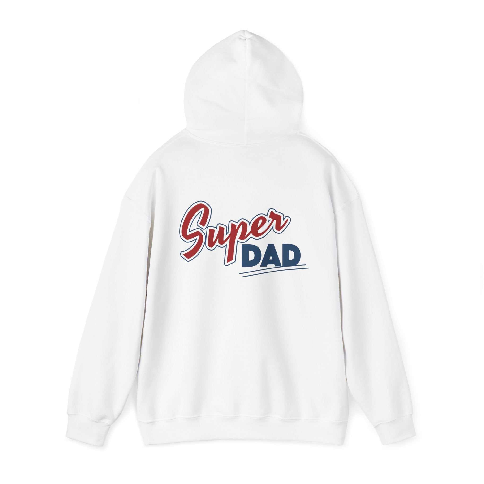 White "#1 Super Dad" hoodie featuring playful "Super DAD" graphics, perfect for Father's Day gifts.