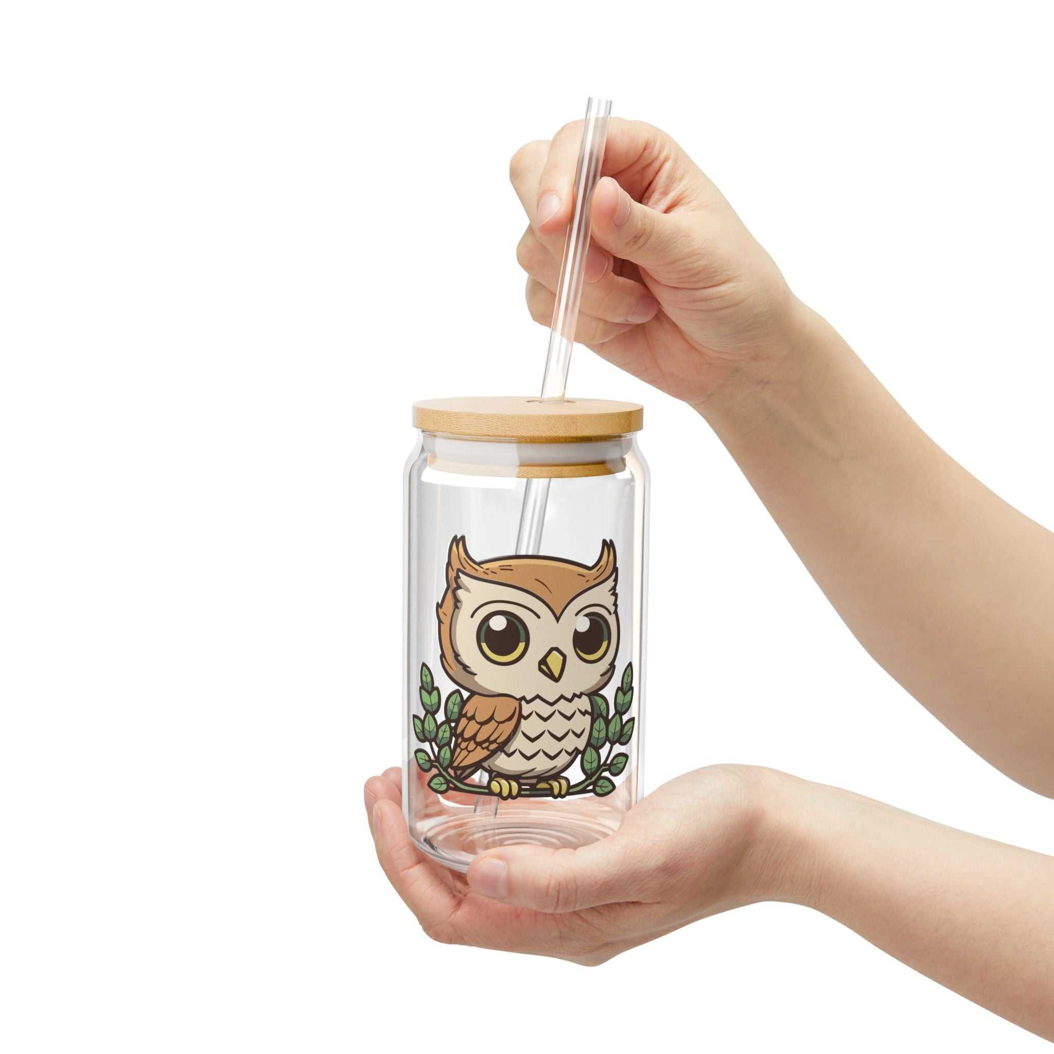 Cute Owl Sipper Glass with lid and straw, vibrant design, 16oz, perfect for kids and adults.