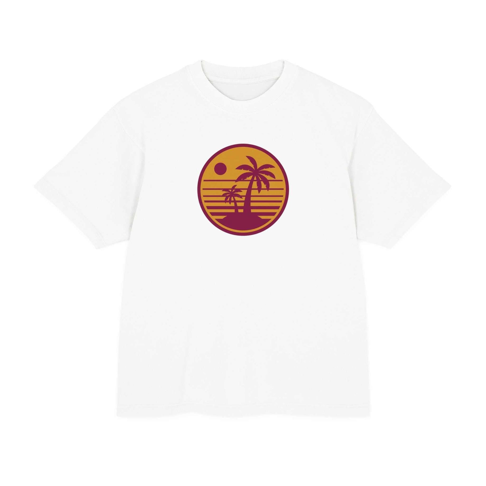 Urban Heavy Tee with retro sunset palm tree print on white background.