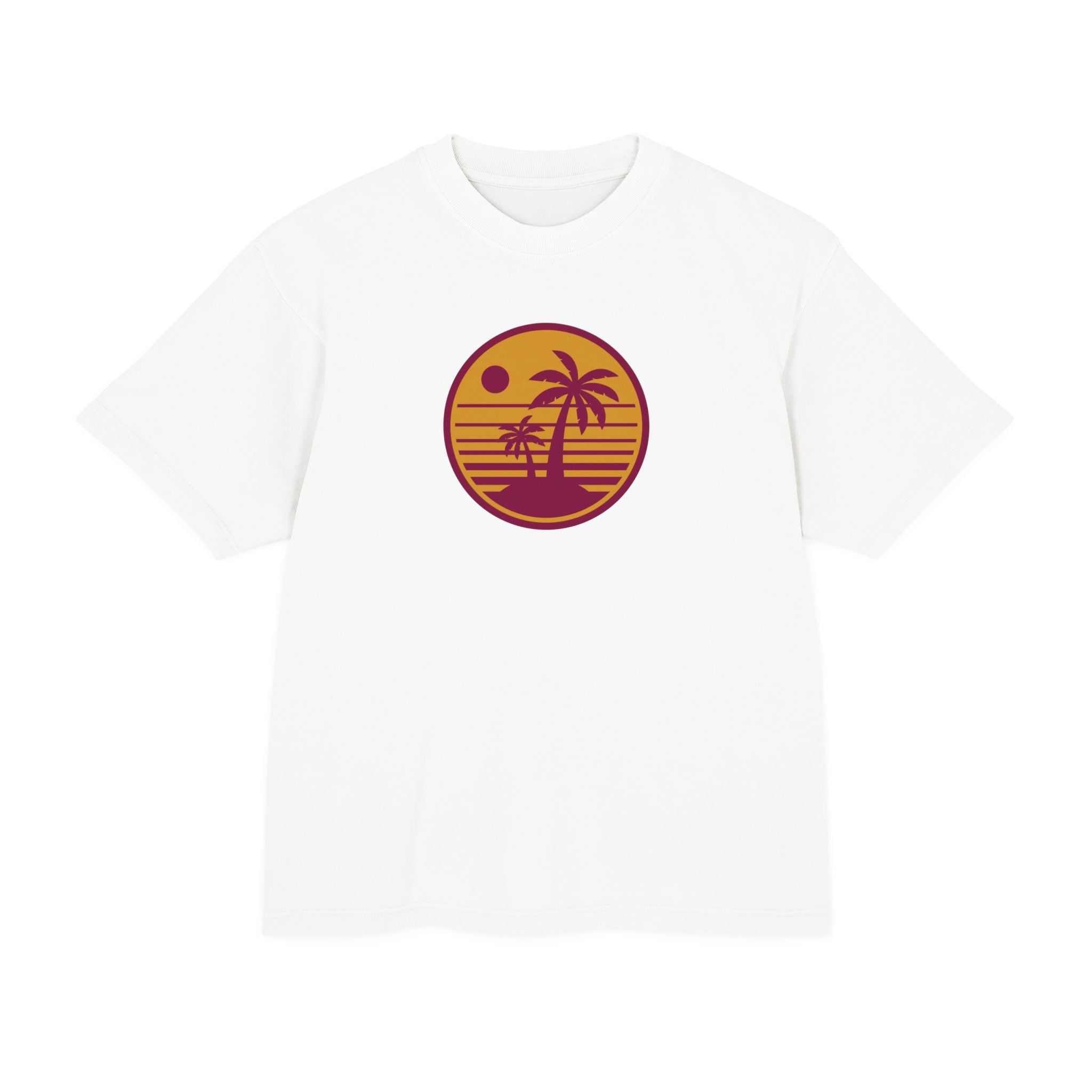 Urban Heavy Tee with retro sunset palm tree print on white background.