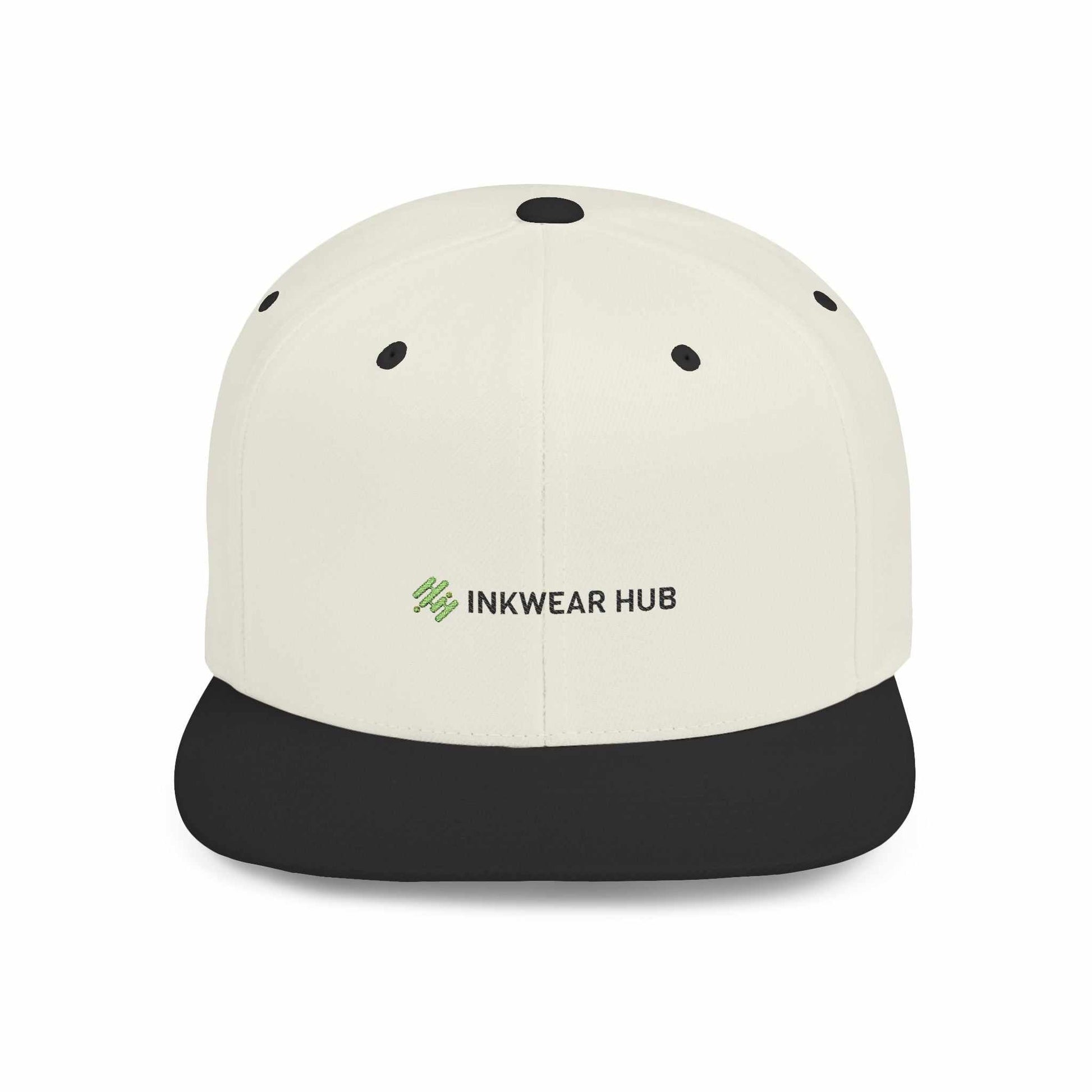 Stylish flat bill snapback cap with Ink Wear Hub logo, perfect for casual wear and fashion enthusiasts.