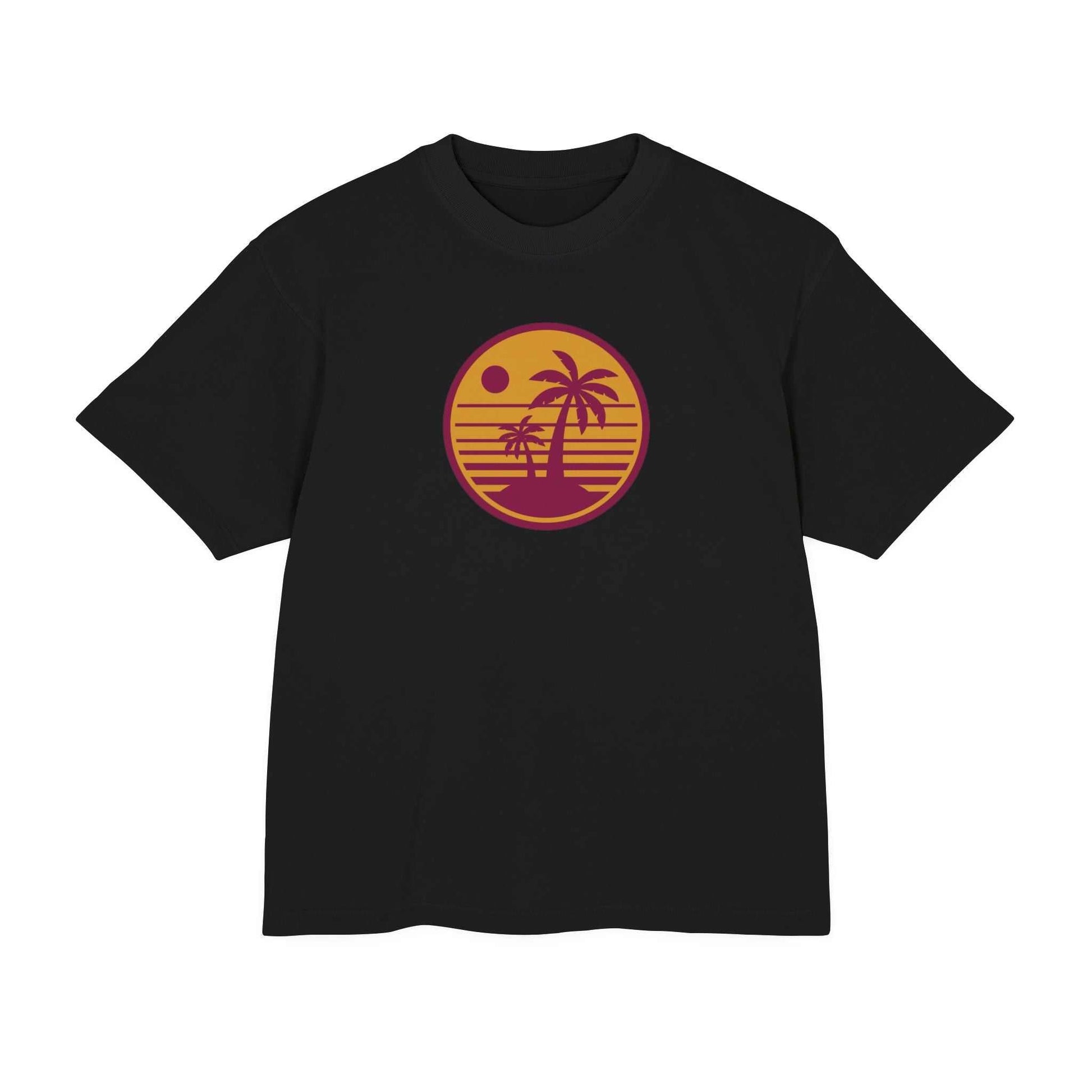 Urban Heavy Tee in black featuring retro sunset palm tree print, unisex, comfortable heavyweight jersey.