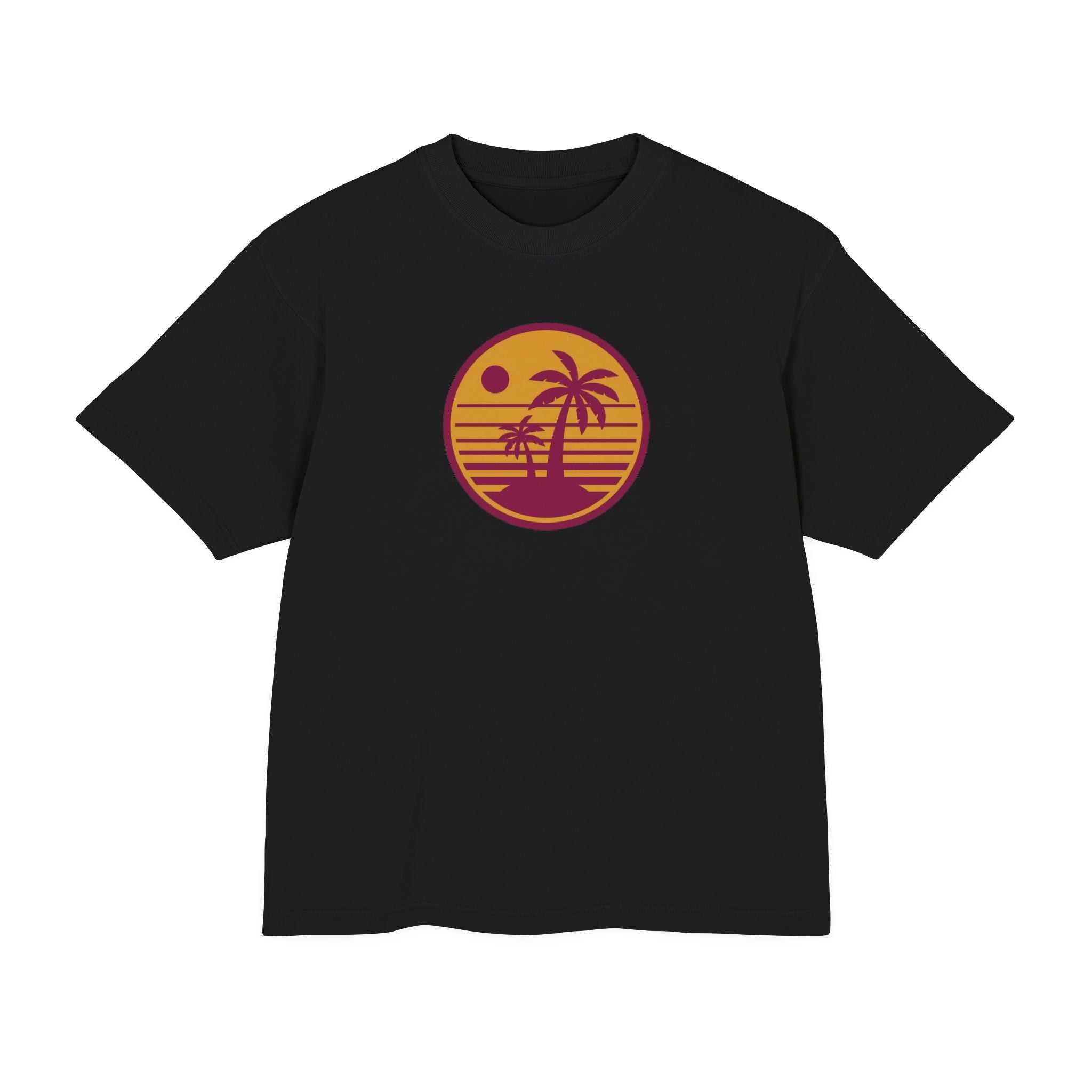 Urban Heavy Tee in black featuring retro sunset palm tree print, unisex, comfortable heavyweight jersey.