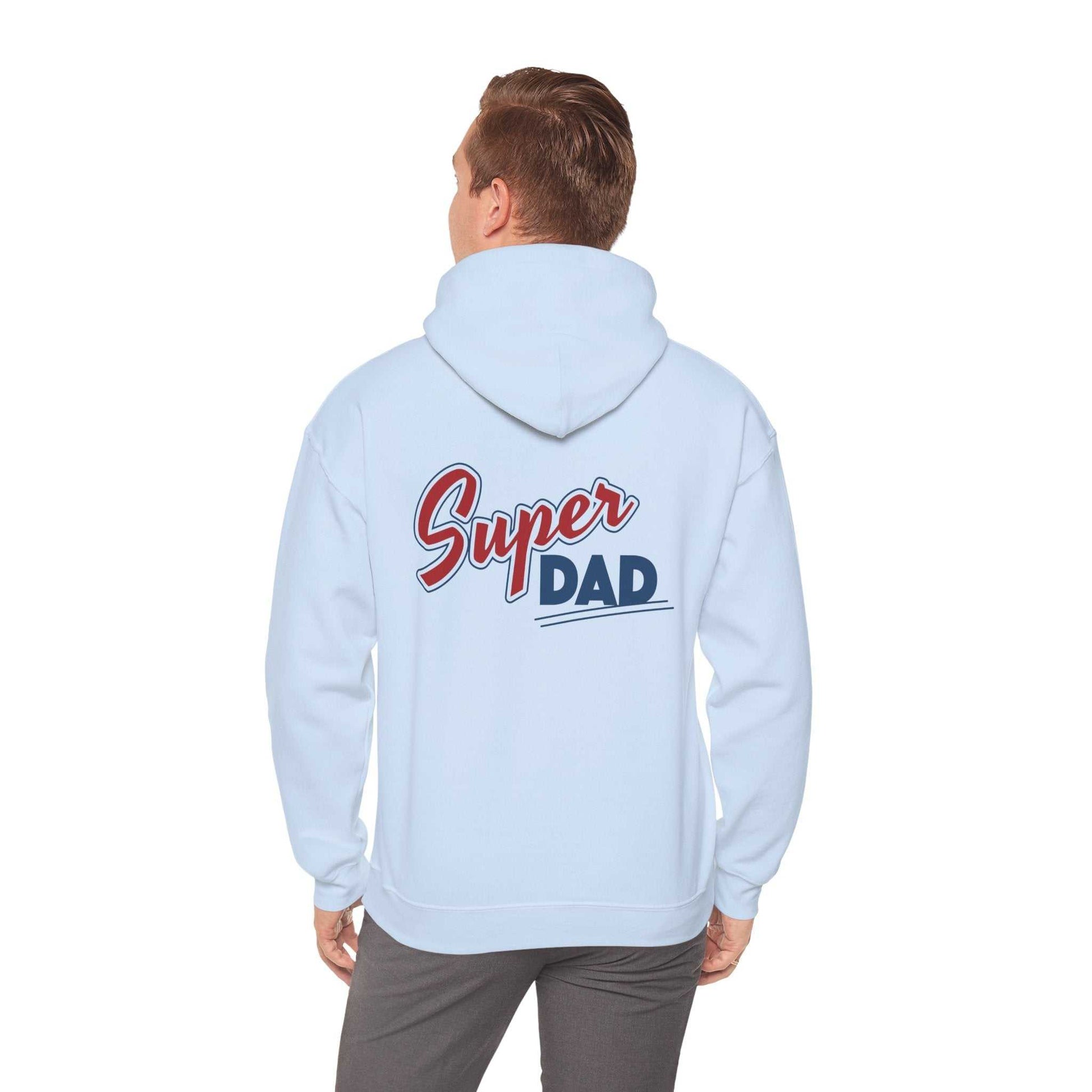 Super Dad Hoodie with vibrant graphic, ideal for Father's Day; cozy heavyweight sweatshirt in light blue.