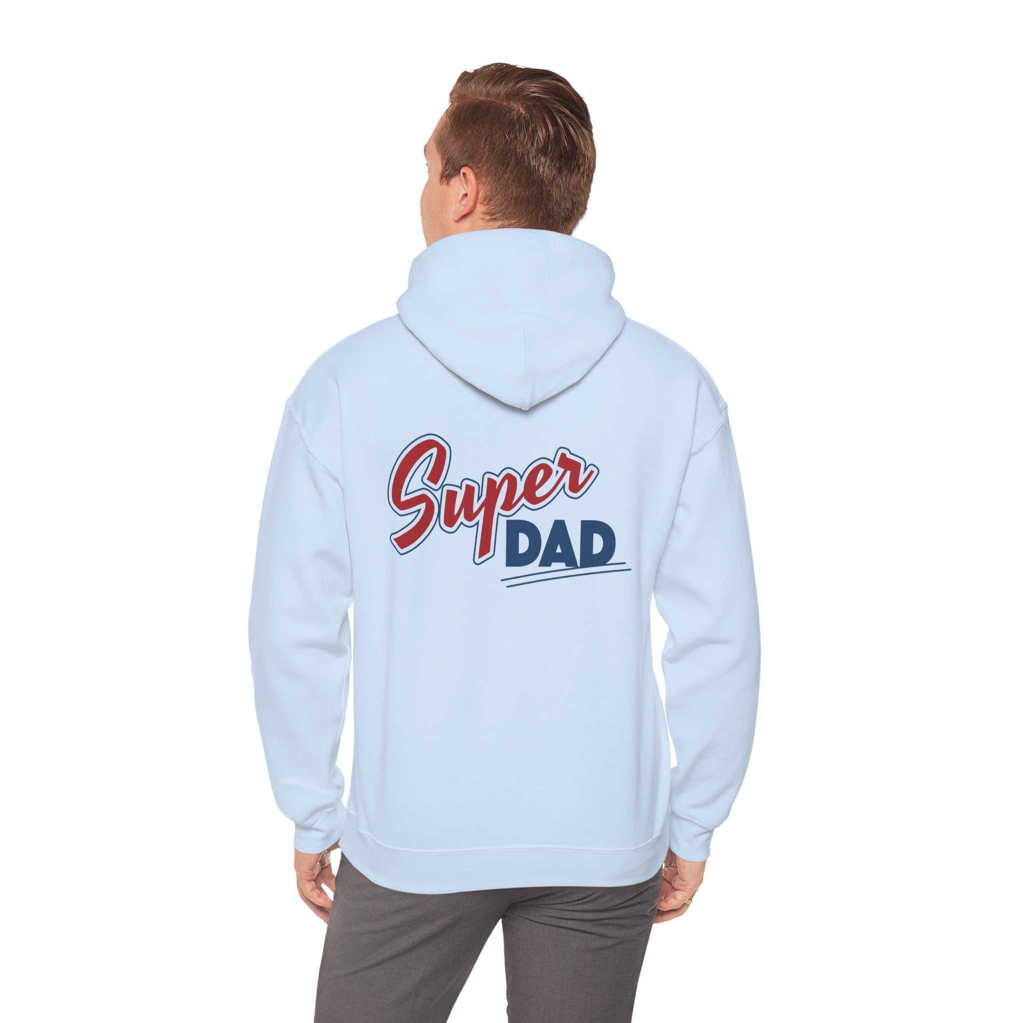 Super Dad Hoodie with vibrant graphic, ideal for Father's Day; cozy heavyweight sweatshirt in light blue.