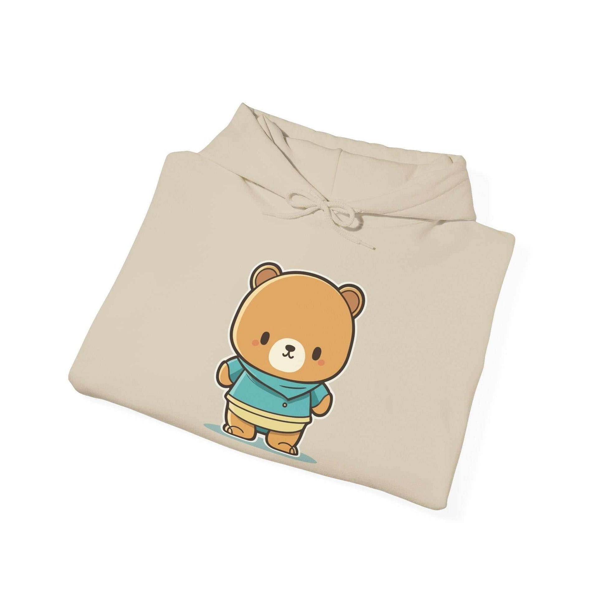 Heavy hooded teddy sweatshirt with cute bear graphic design on front.