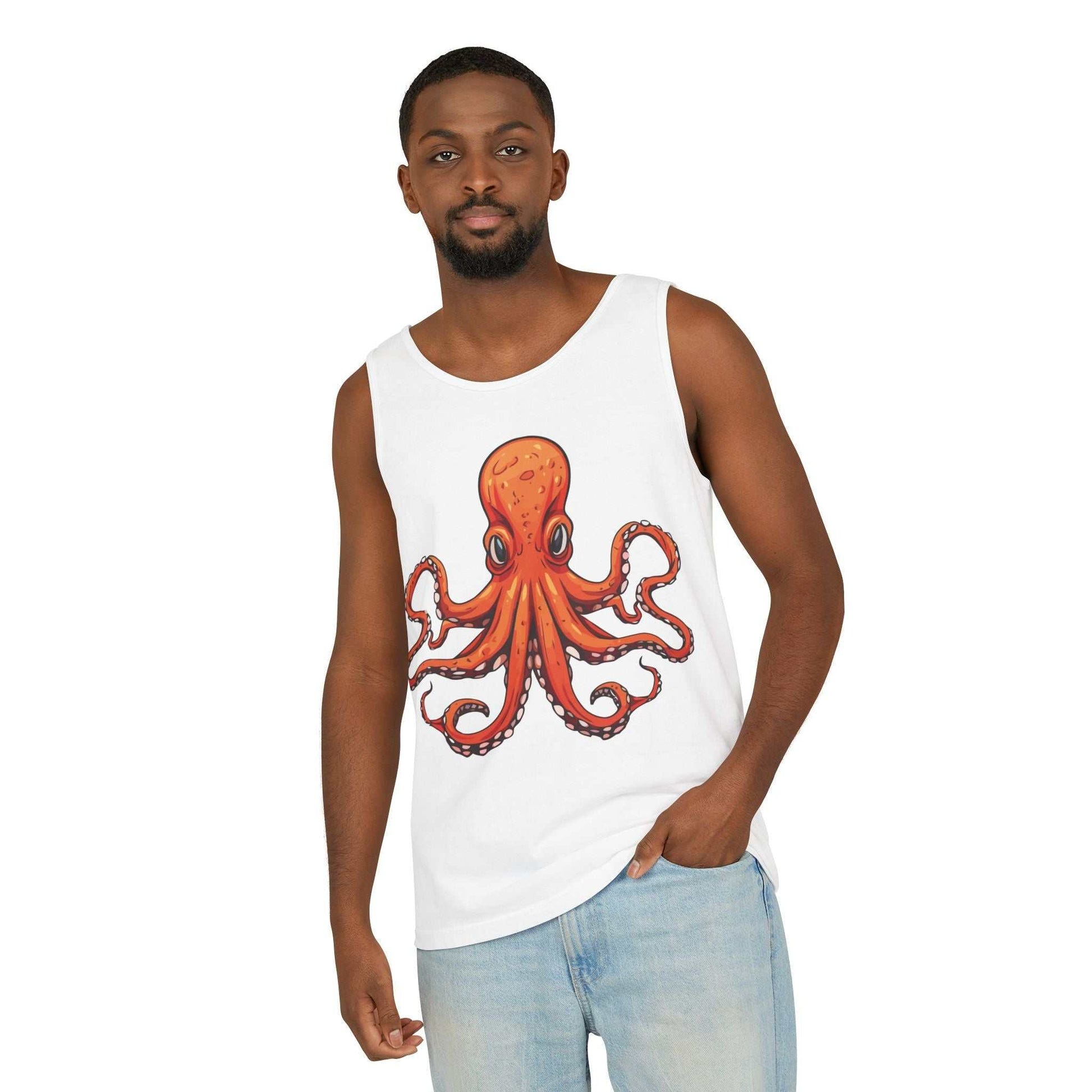 Unisex tank top with vibrant octopus design, made from 100% ring spun cotton, ideal for summer outings and casual wear.