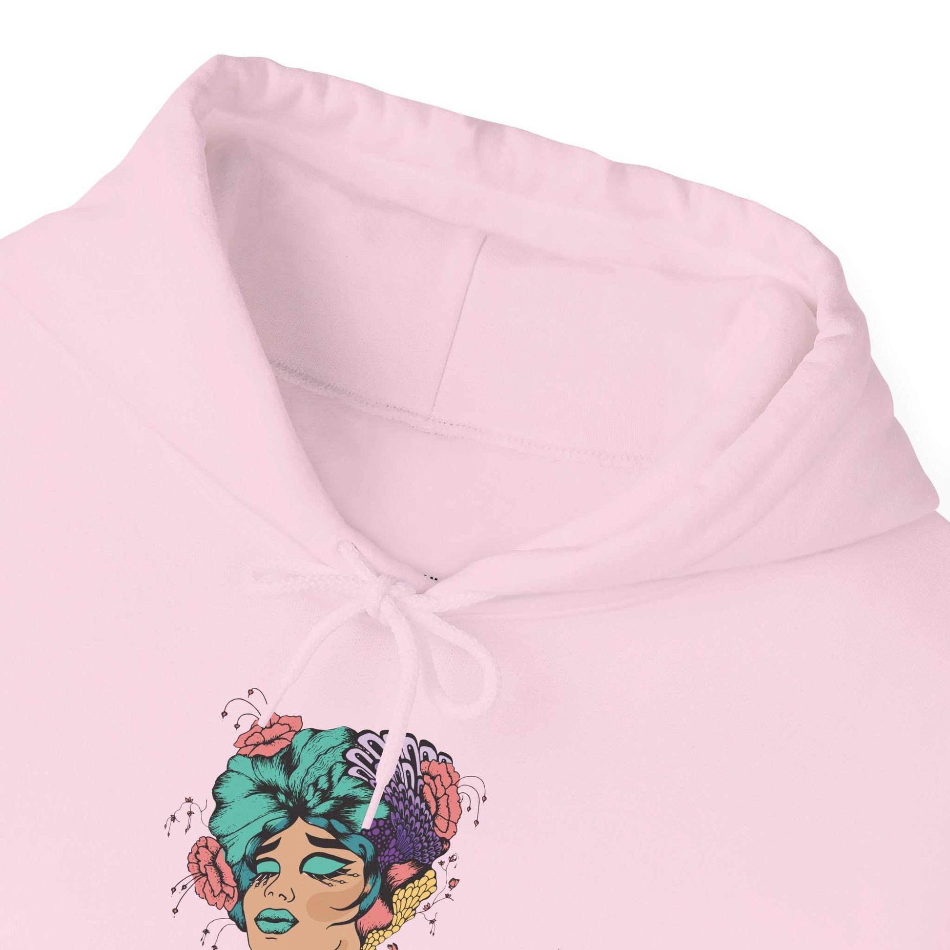 Boho Style - Hooded Sweatshirt with artistic illustration and adjustable drawstring.