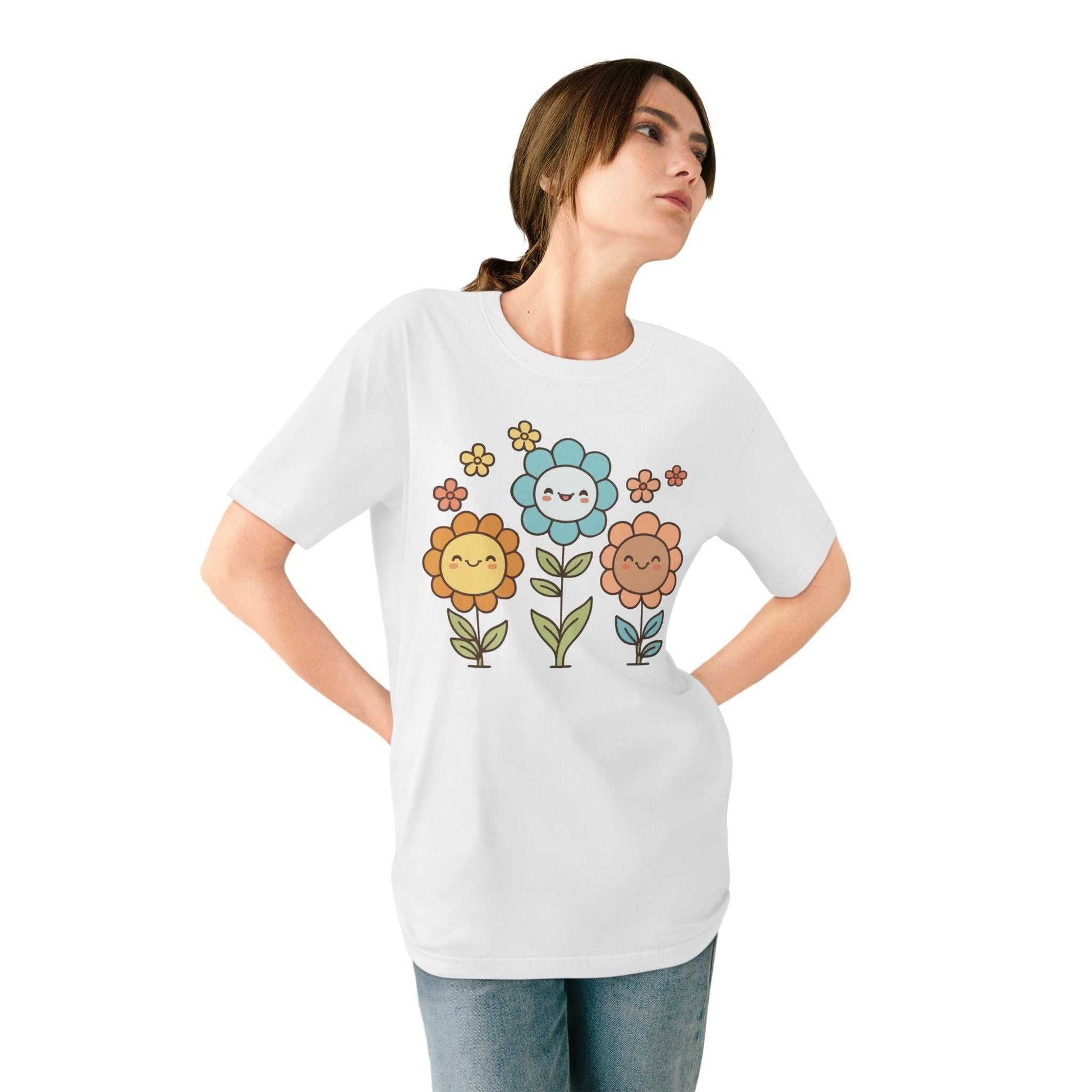 Eco-friendly organic T-shirt with cute floral smiley design, perfect for sustainable style.