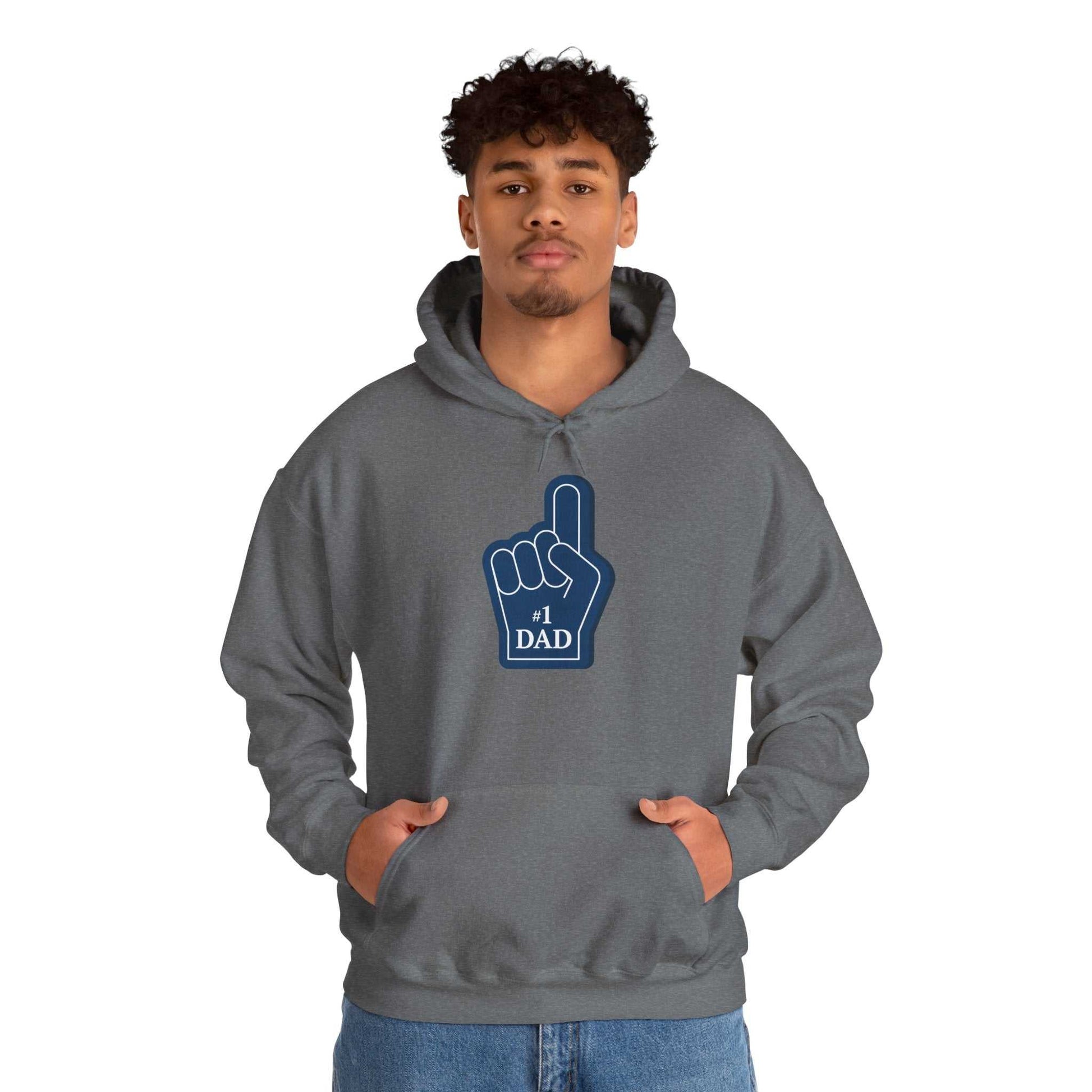 Super Dad Hoodie with #1 Dad graphic, gray heavy blend sweatshirt for Father's Day.
