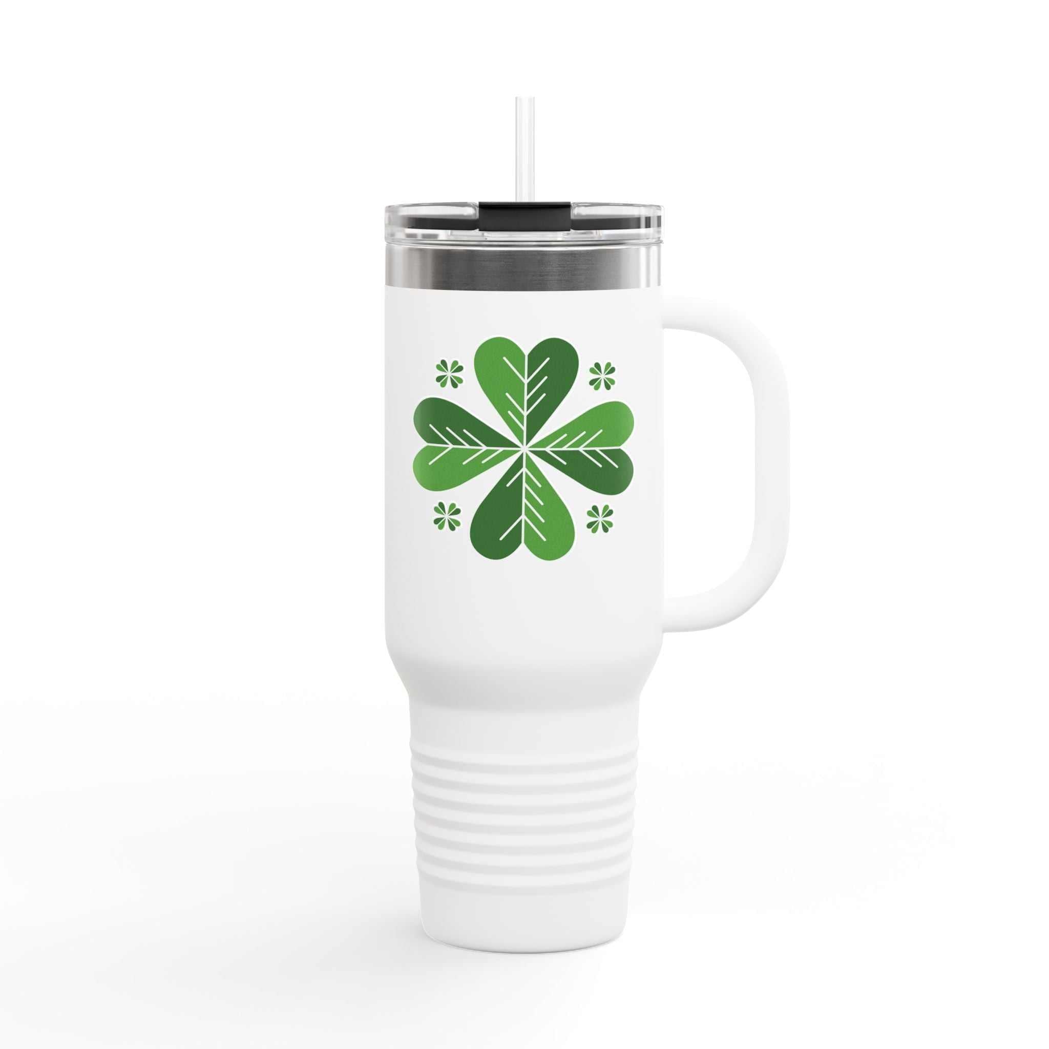 Insulated travel mug, 40oz, stainless steel body, with handle and straw, white powder-coated finish, clover design.