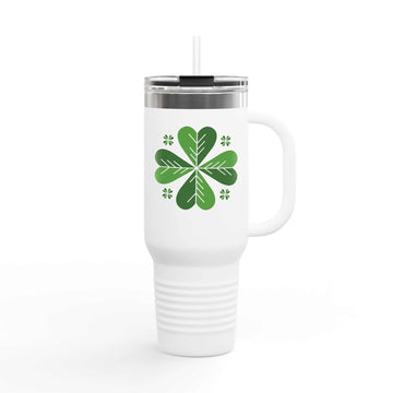 Insulated travel mug, 40oz, stainless steel body, with handle and straw, white powder-coated finish, clover design.