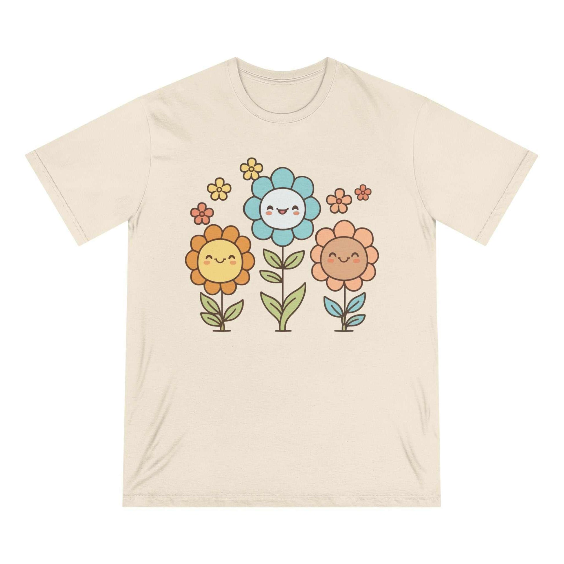 Cute Floral Smiley Organic T-Shirt with cheerful flower design, eco-friendly and made from 100% organic cotton.
