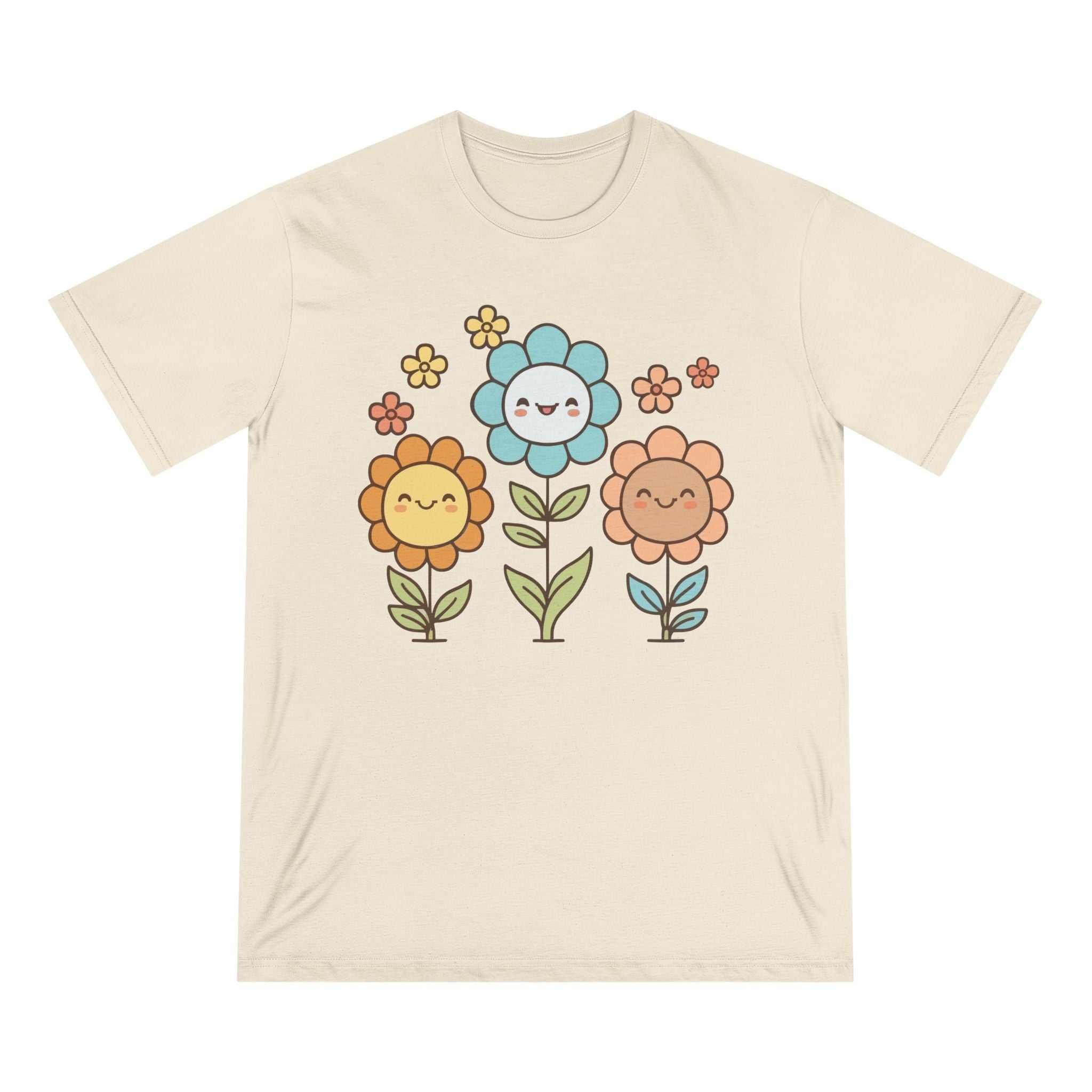 Cute Floral Smiley Organic T-Shirt with cheerful flower design, eco-friendly and made from 100% organic cotton.