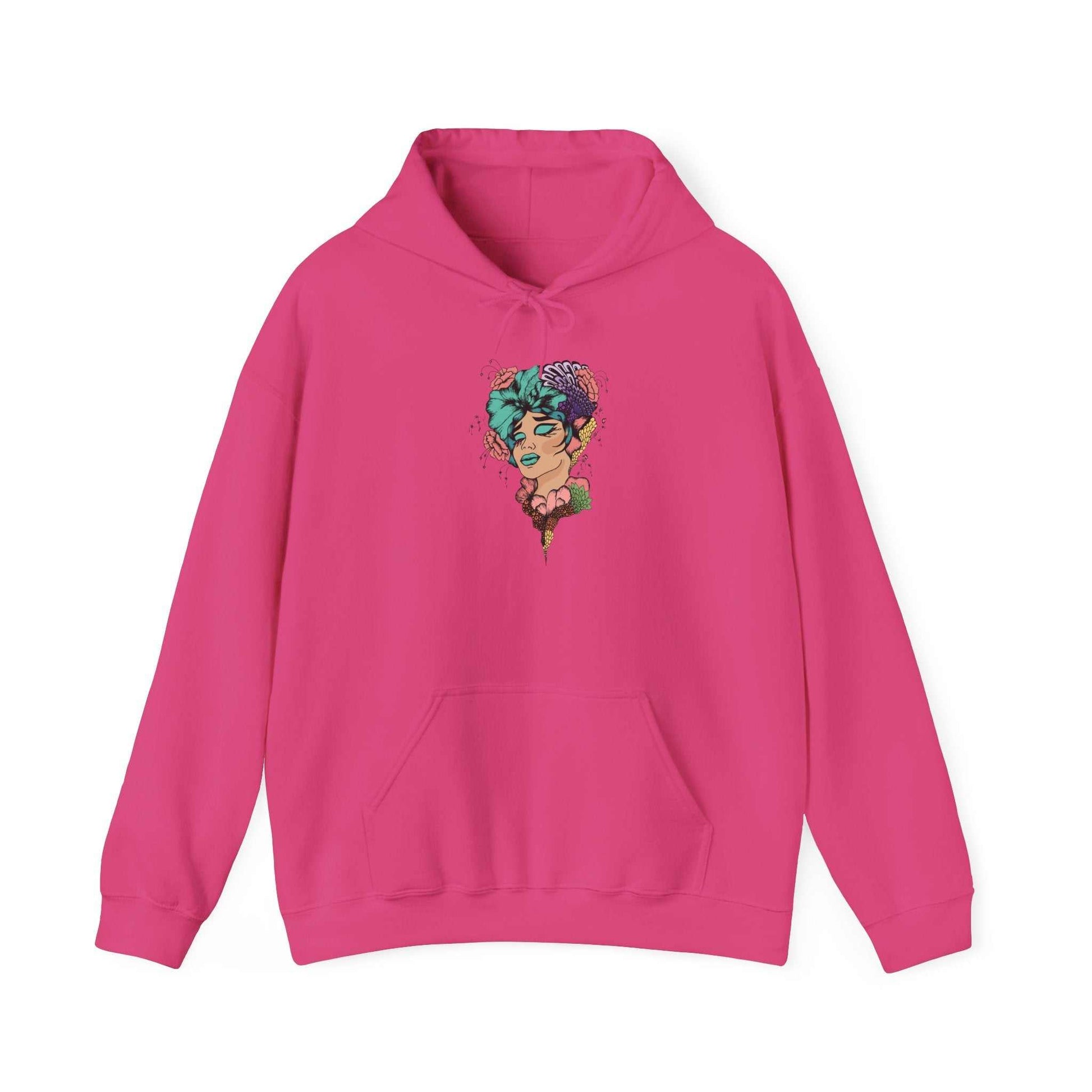 Boho Style Hooded Sweatshirt in pink with artistic design, unisex cozy heavy blend hoodie for comfort and style.