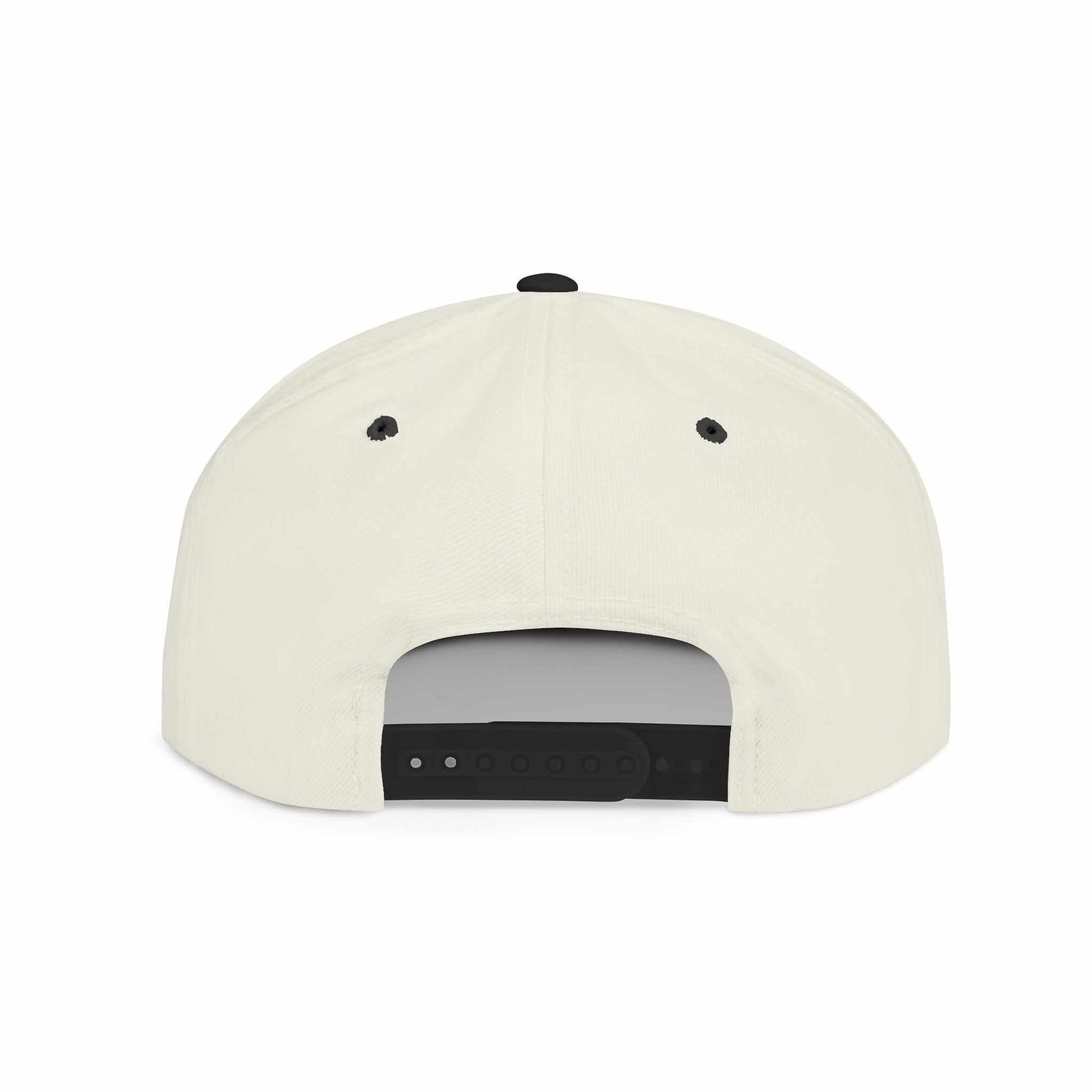 Back view of stylish flat bill snapback cap with adjustable closure.