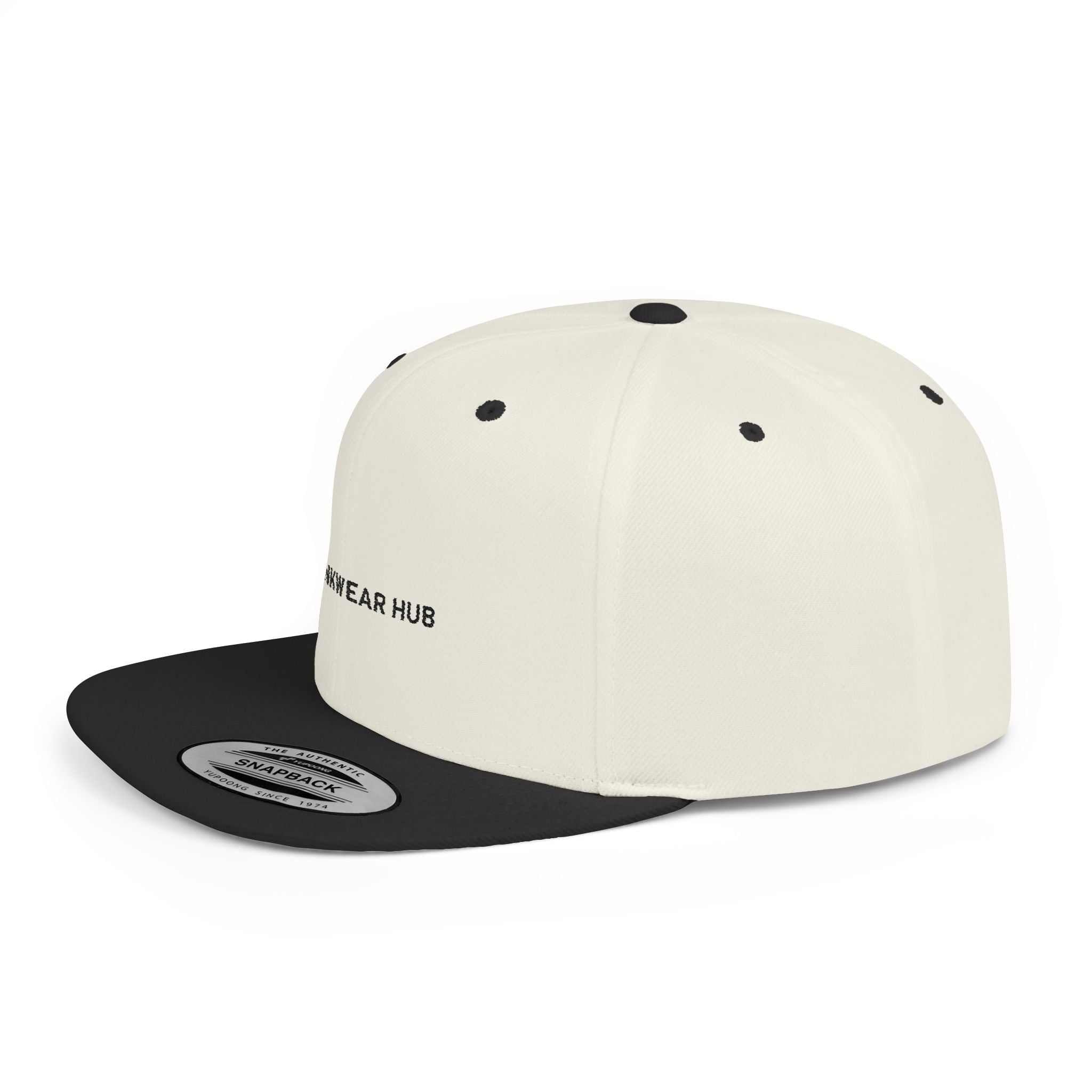Stylish flat bill snapback cap with black visor and white crown by Ink Wear Hub.
