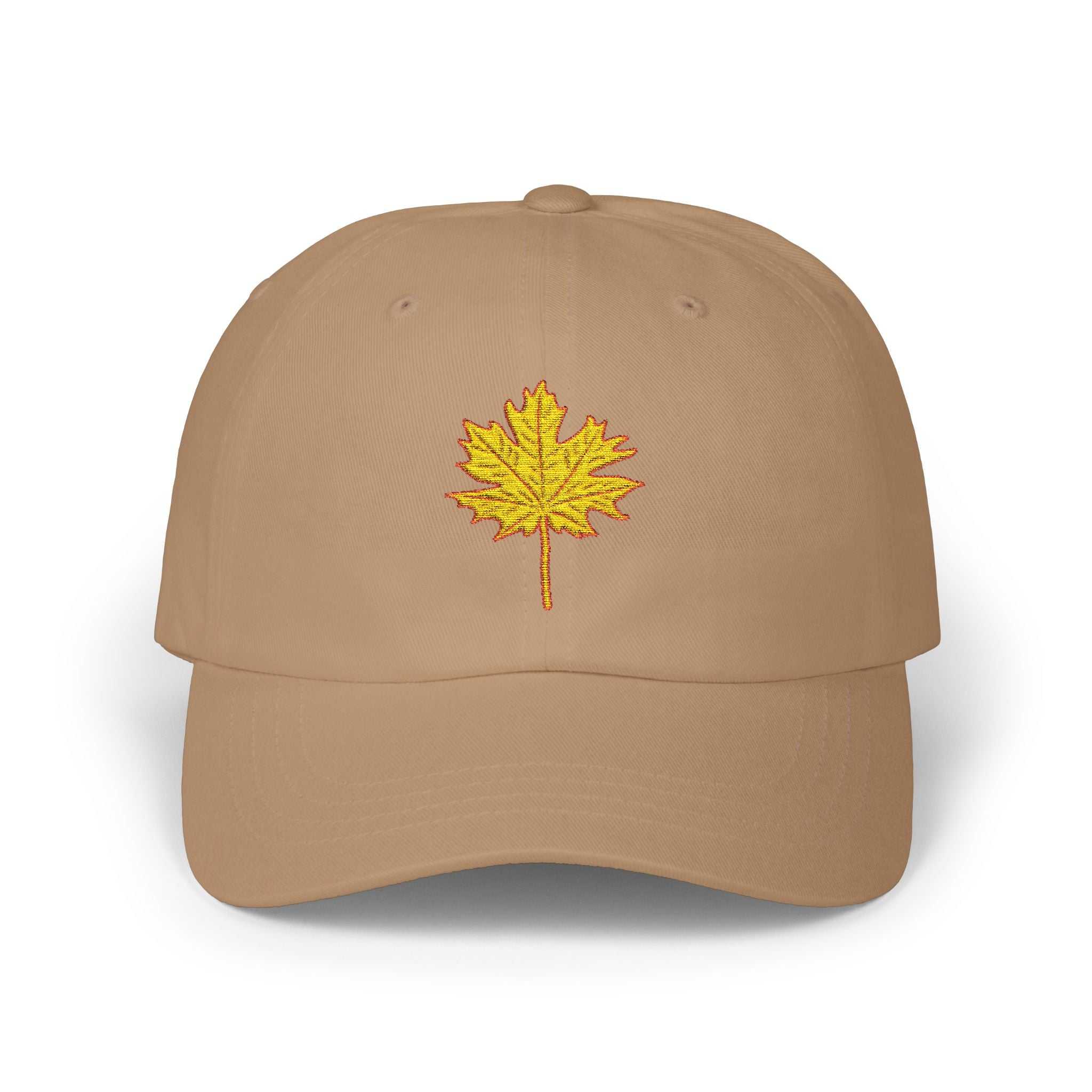 Maple Leaf Dad Cap with embroidered yellow maple leaf on tan background, adjustable fit.