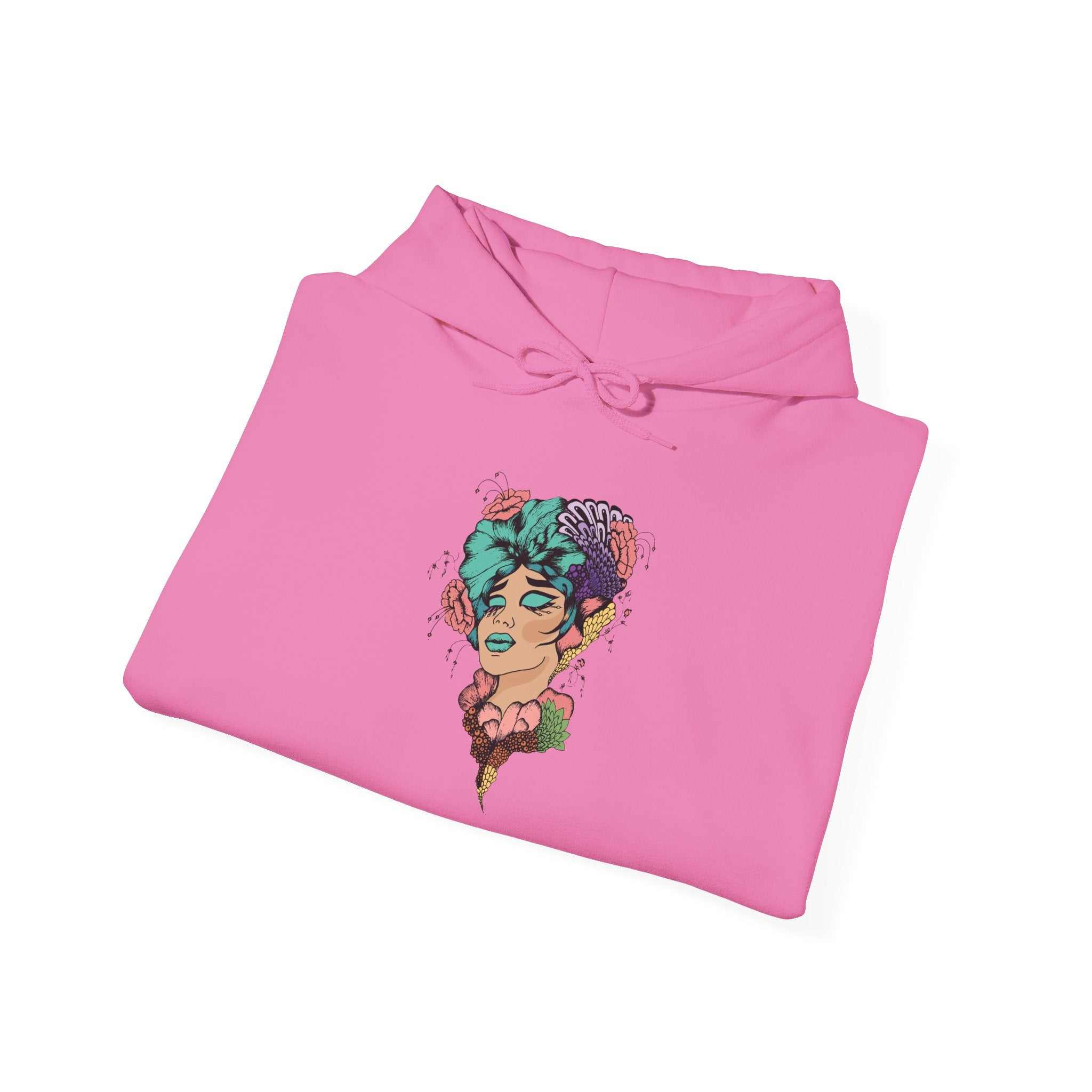 Boho-style hooded sweatshirt with vibrant design, cozy unisex fit, adjustable drawstring.