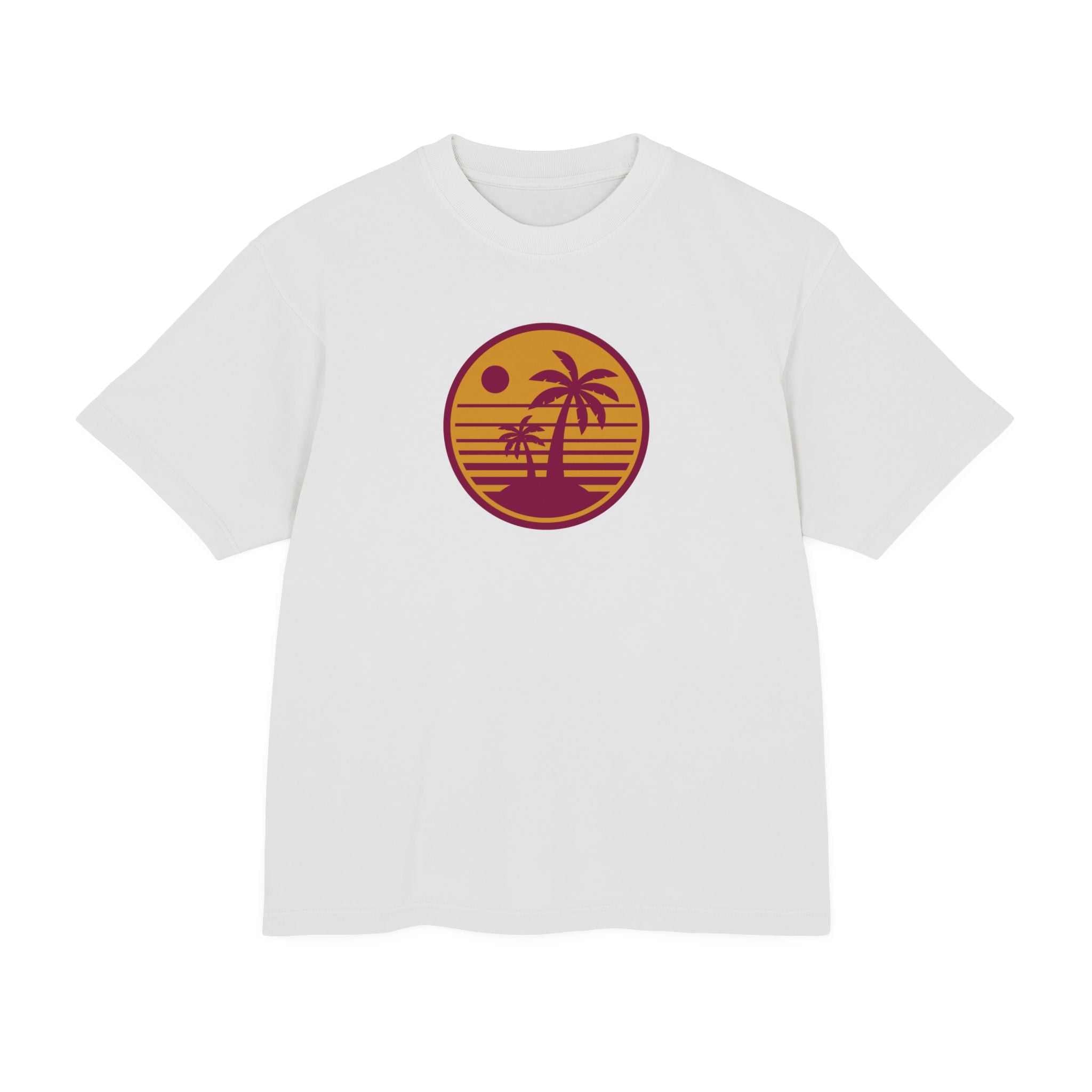Urban Heavy Tee with retro sunset palm tree graphic on white background.