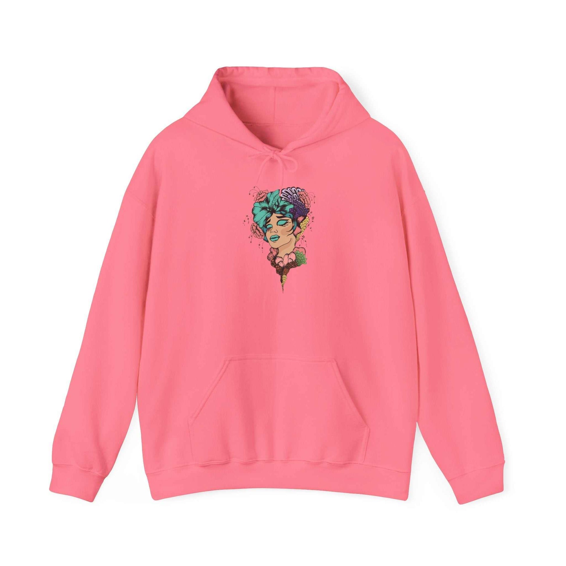 Boho style hooded sweatshirt in pink with artistic design, featuring kangaroo pouch pocket and adjustable drawstring hood.