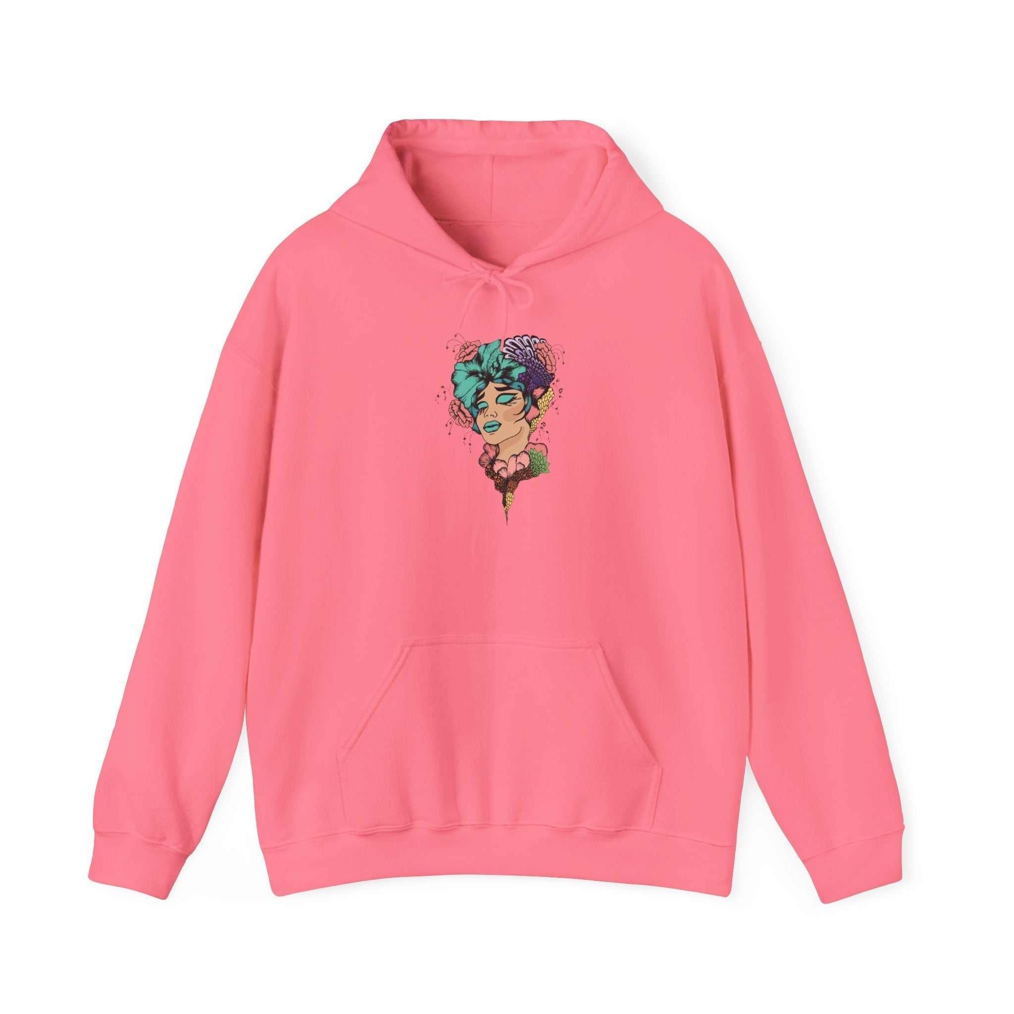 Boho style hooded sweatshirt in pink with artistic design, featuring kangaroo pouch pocket and adjustable drawstring hood.