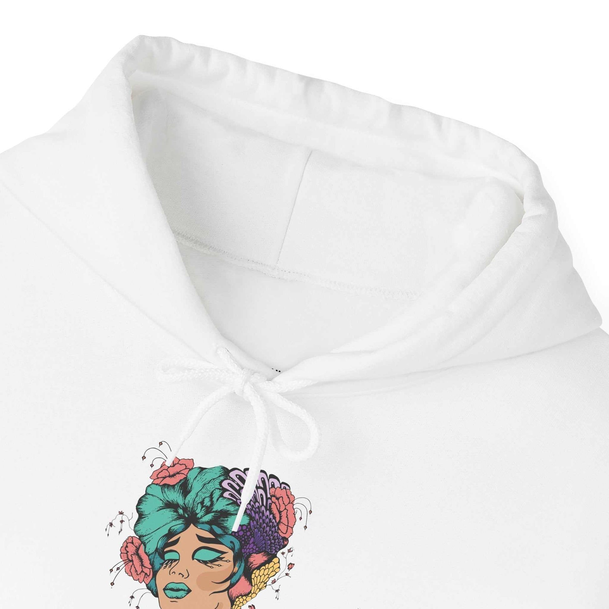 Boho style hooded sweatshirt with vibrant artistic design, featuring adjustable drawstring and spacious pocket.